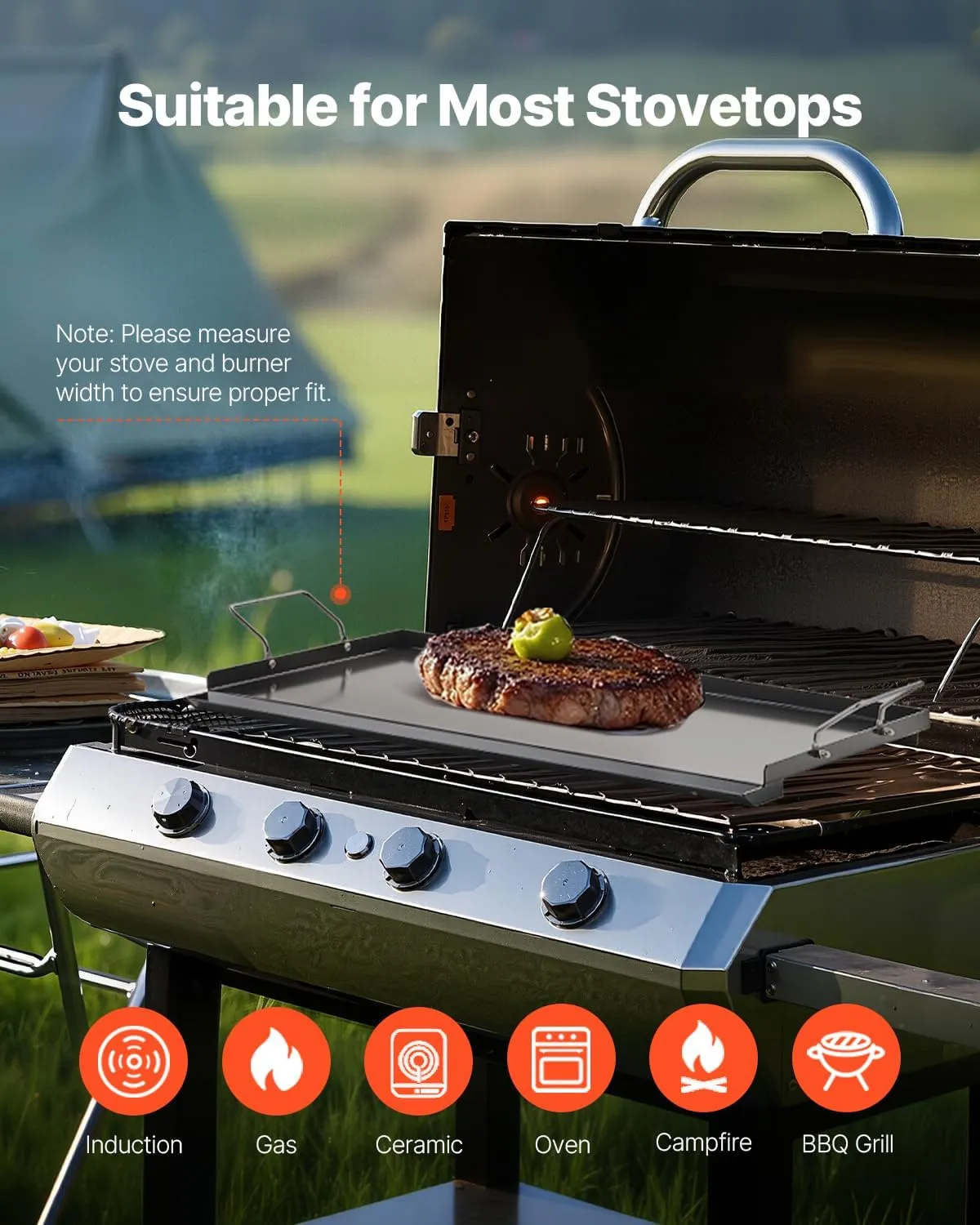 VEVOR Carbon Steel Griddle, 24x16 inch Universal Flat Top Rectangular Plate, Gas Grill Griddle for BBQ Grill, Teppanyaki, Portable Family Cookware with Handle, for Camping Tailgating Party