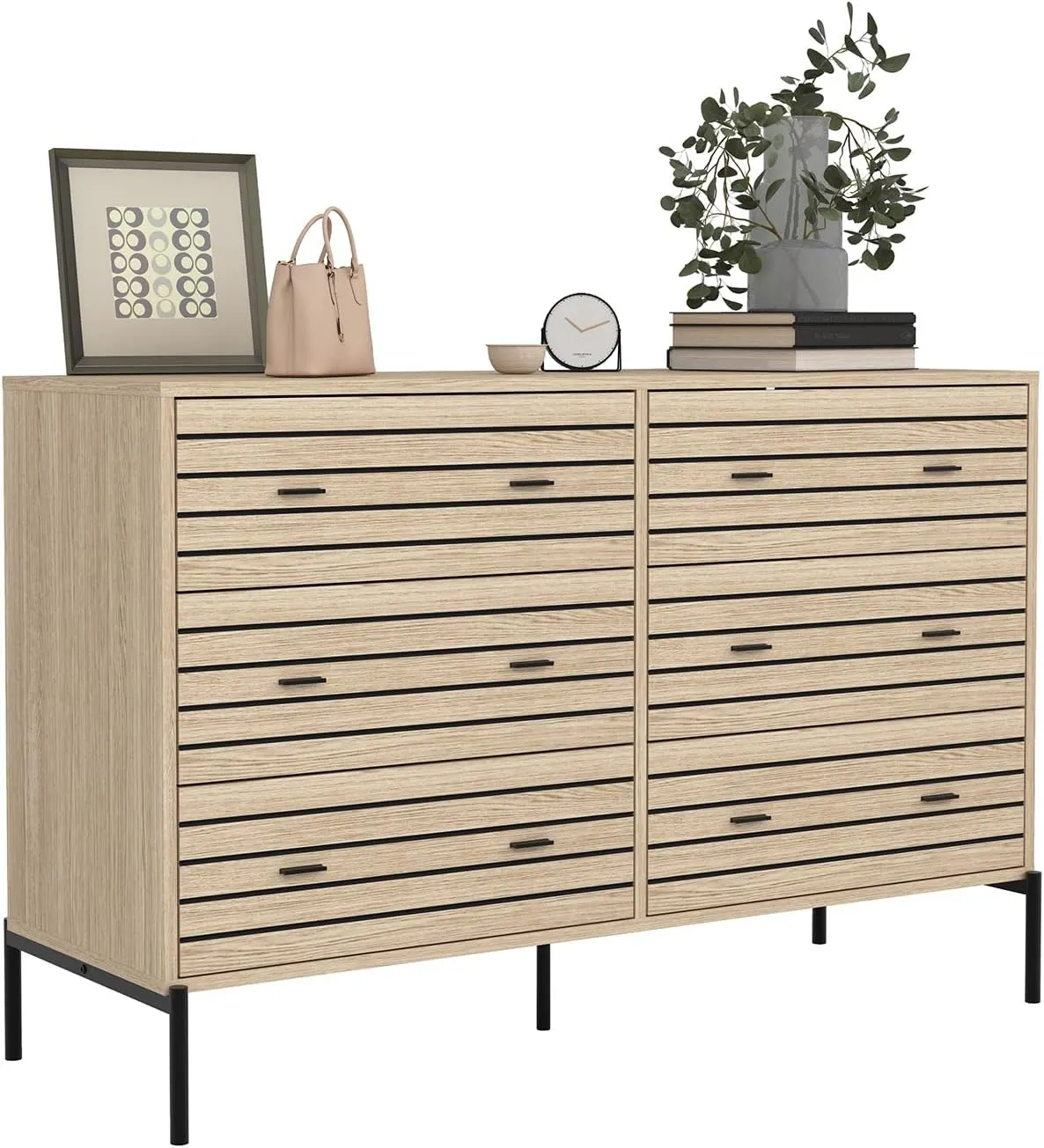 Vibe & Dine 6 Drawer Double Dresser for Bedroom, Wood Dresser with Sturdy Metal Stand, Modern Accent Chest of Drawers for Living Room, Hallway, Closet