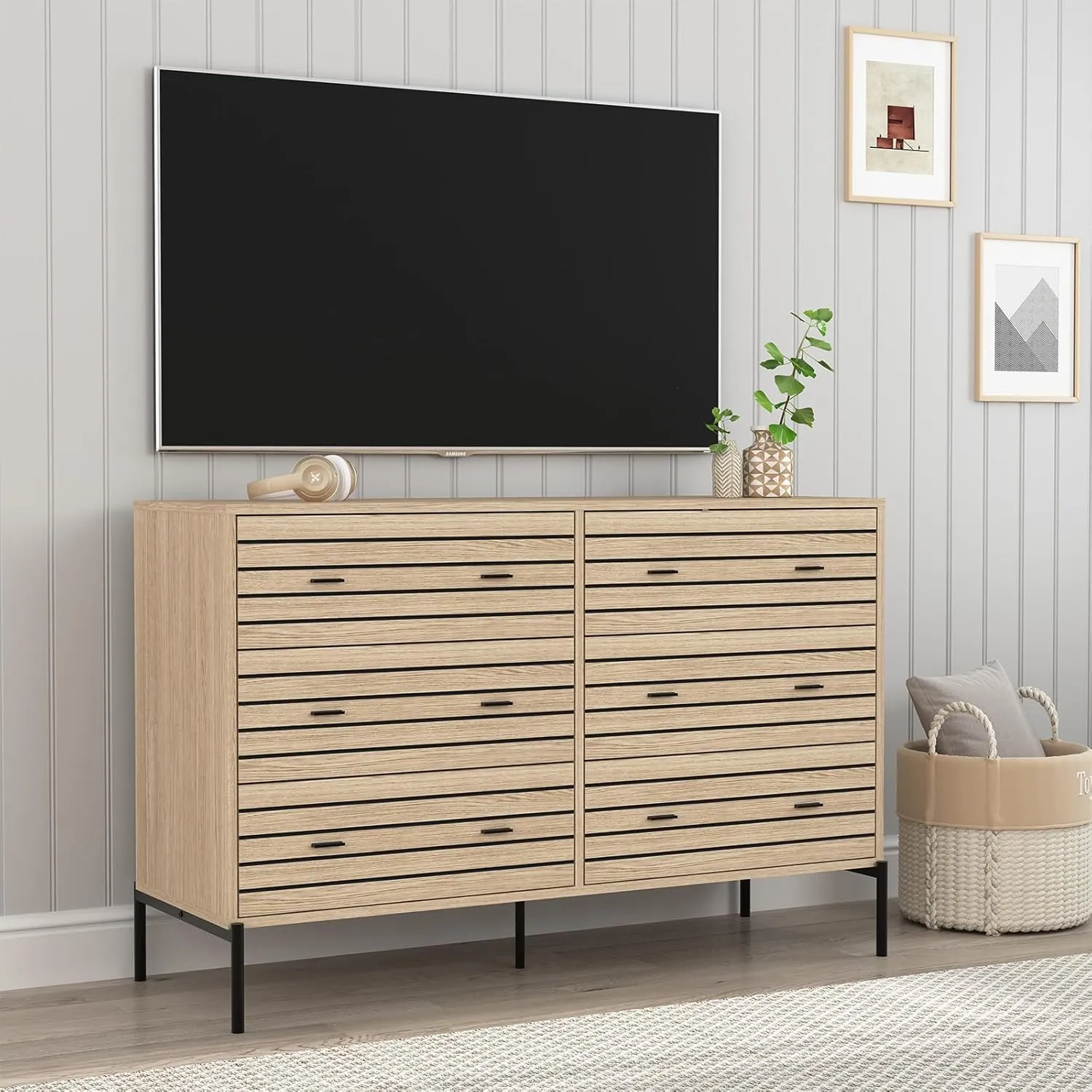 Vibe & Dine 6 Drawer Double Dresser for Bedroom, Wood Dresser with Sturdy Metal Stand, Modern Accent Chest of Drawers for Living Room, Hallway, Closet