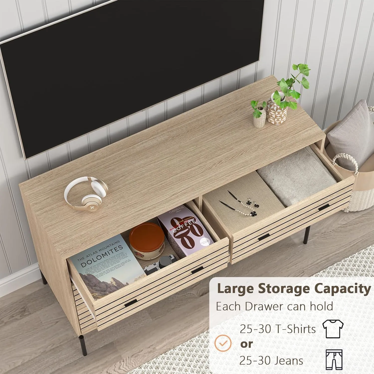 Vibe & Dine 6 Drawer Double Dresser for Bedroom, Wood Dresser with Sturdy Metal Stand, Modern Accent Chest of Drawers for Living Room, Hallway, Closet
