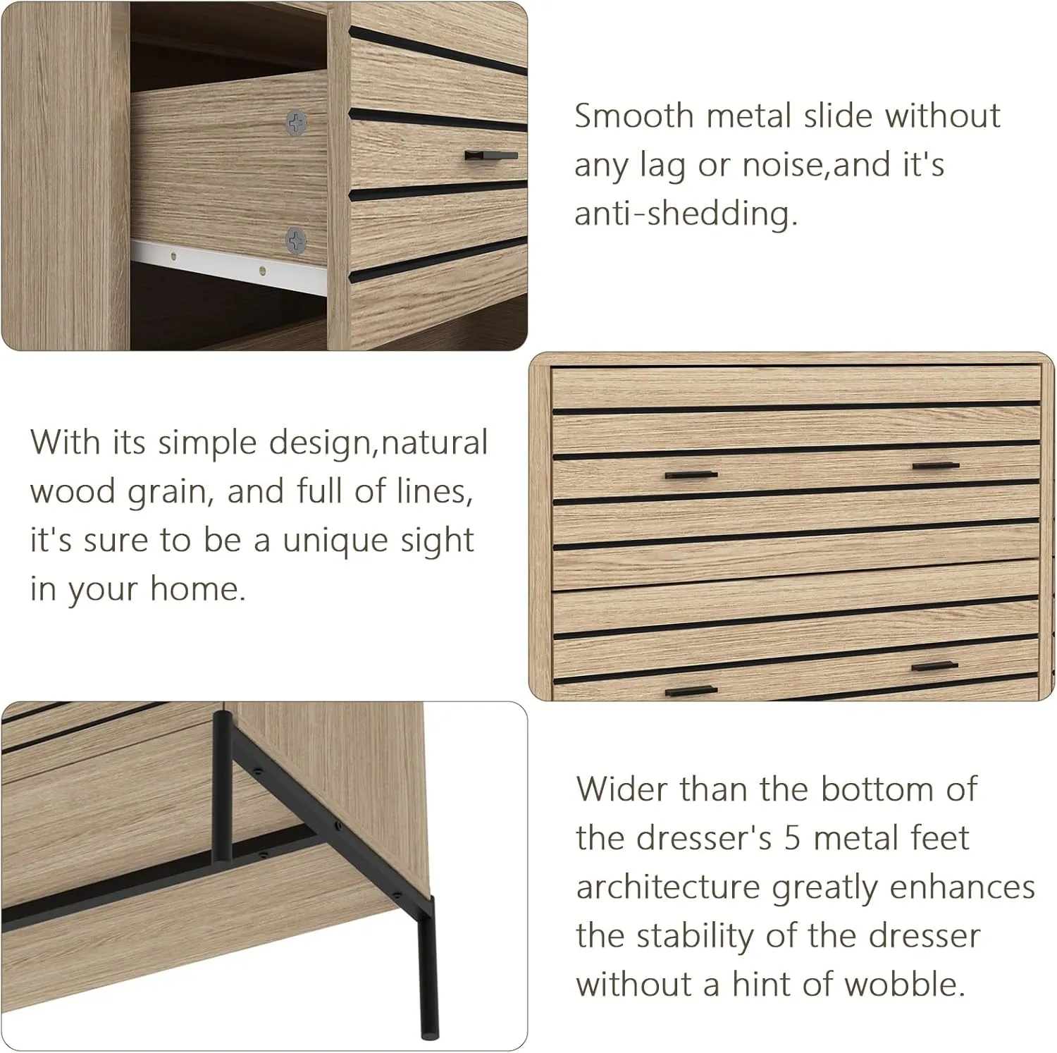 Vibe & Dine 6 Drawer Double Dresser for Bedroom, Wood Dresser with Sturdy Metal Stand, Modern Accent Chest of Drawers for Living Room, Hallway, Closet