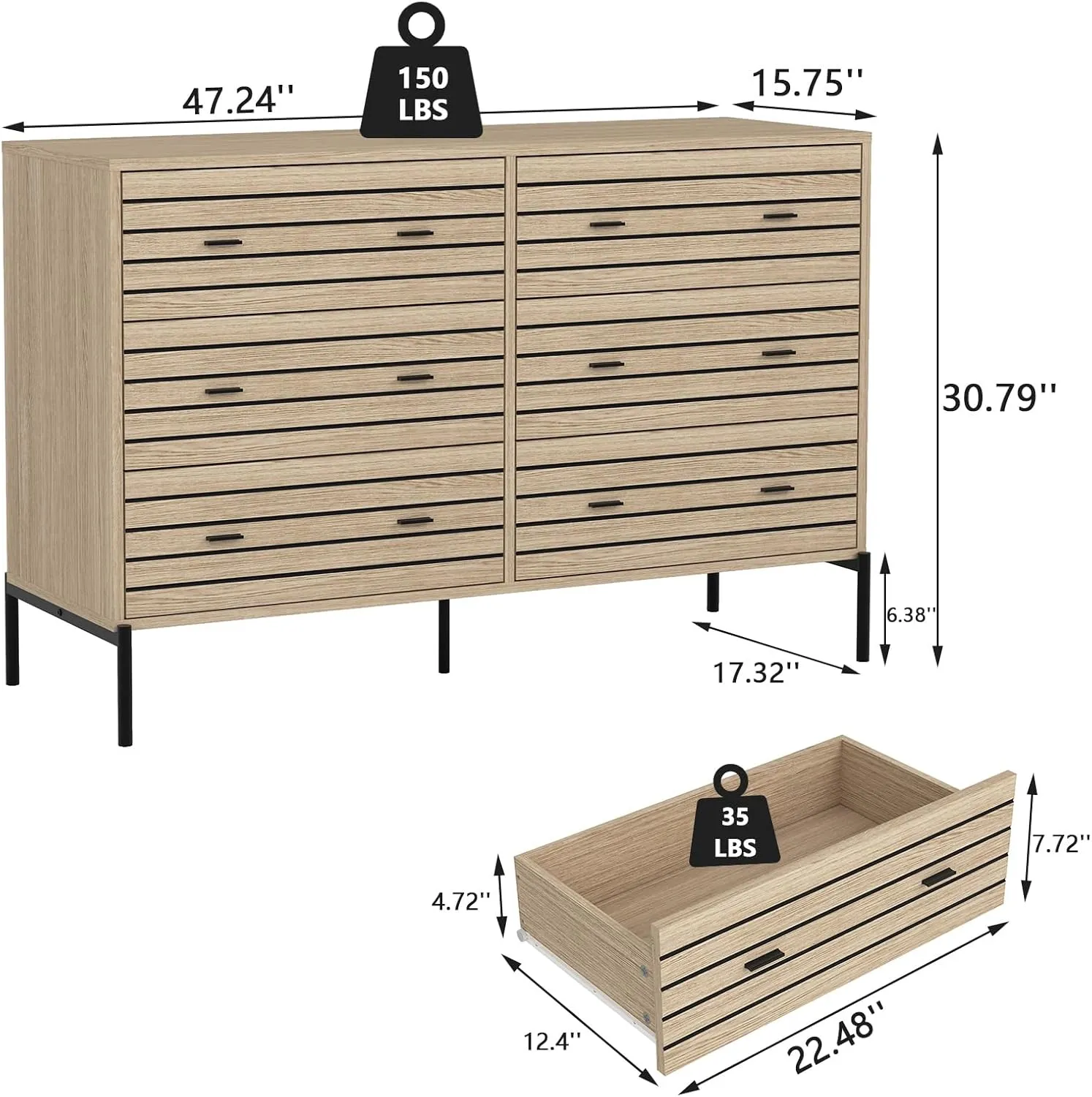 Vibe & Dine 6 Drawer Double Dresser for Bedroom, Wood Dresser with Sturdy Metal Stand, Modern Accent Chest of Drawers for Living Room, Hallway, Closet