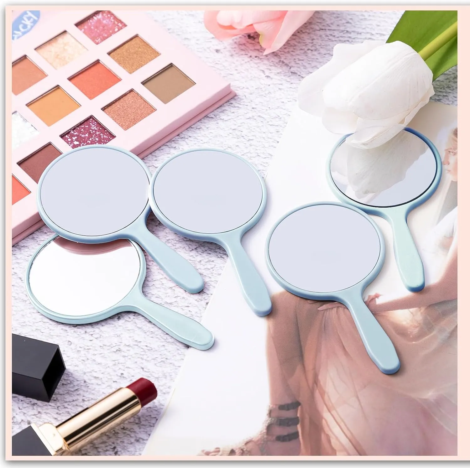 Vinsot 150 Pcs Handheld Mirror Bulk Small Hand Compact Mirrors with Handle Plastic Travel Makeup Portable 3.94 x 2.16 Inch for Birthday Dress up Wedding Practice Pronunciation (Blue)