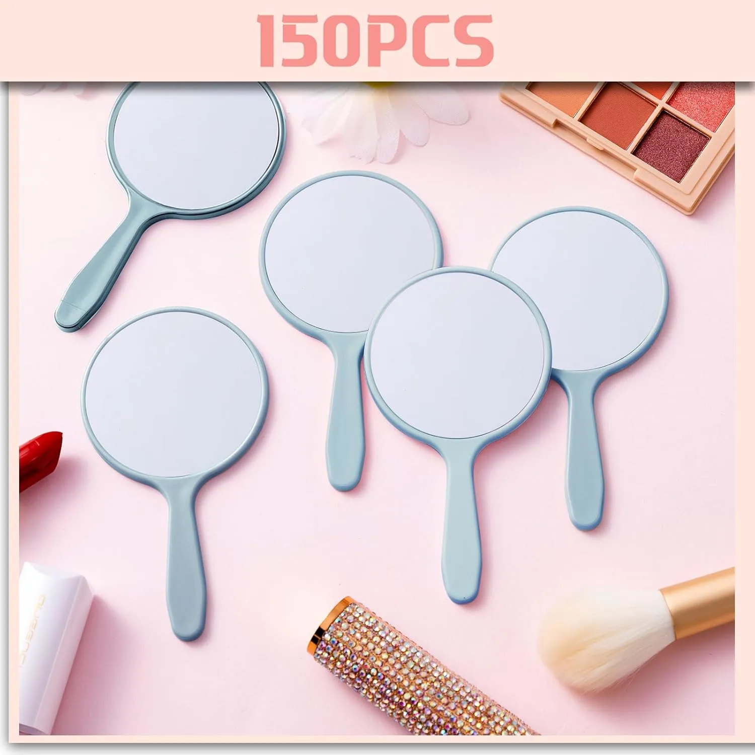 Vinsot 150 Pcs Handheld Mirror Bulk Small Hand Compact Mirrors with Handle Plastic Travel Makeup Portable 3.94 x 2.16 Inch for Birthday Dress up Wedding Practice Pronunciation (Blue)