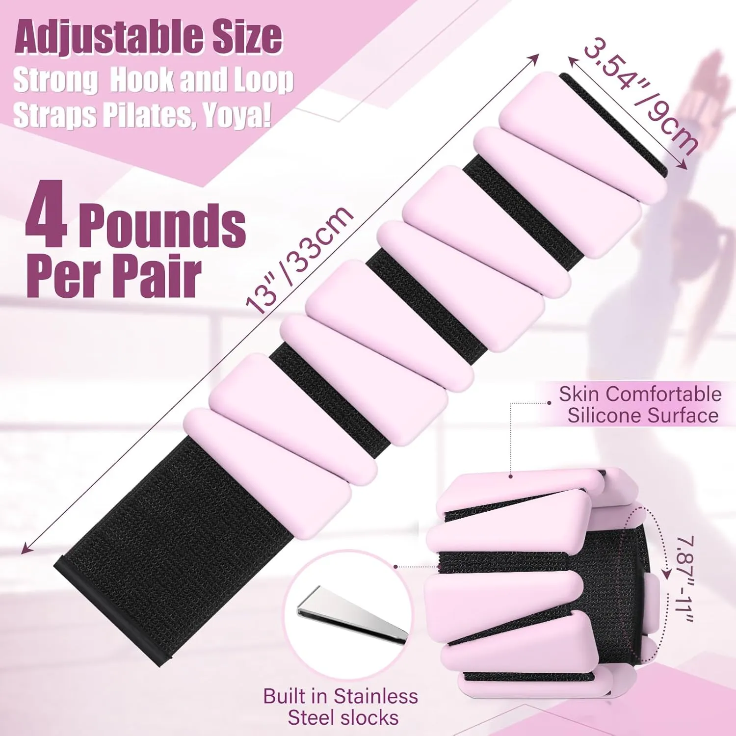 Vinsot Pilates Wrist Ankle Weights for Women, Wearable Arm Leg Set of 4(2Lbs Each) Adjustable Weighted Wristbands Arm Leg Weights Suitable for Walking Swimming Running Yoga Gym