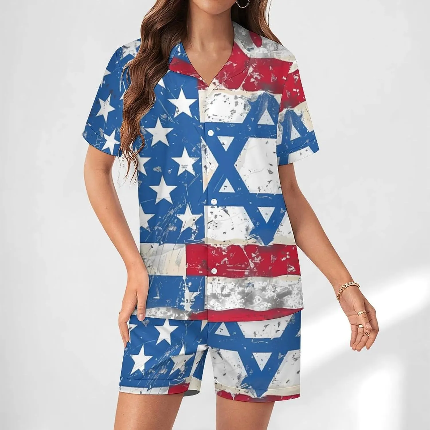 Vintage America Flag And Israel Flags Women's Satin Pajama Set Short Sleeve Button Down Sleepwear Loungewear Pj Set