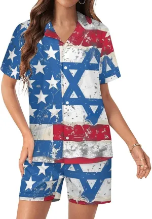 Vintage America Flag And Israel Flags Women's Satin Pajama Set Short Sleeve Button Down Sleepwear Loungewear Pj Set