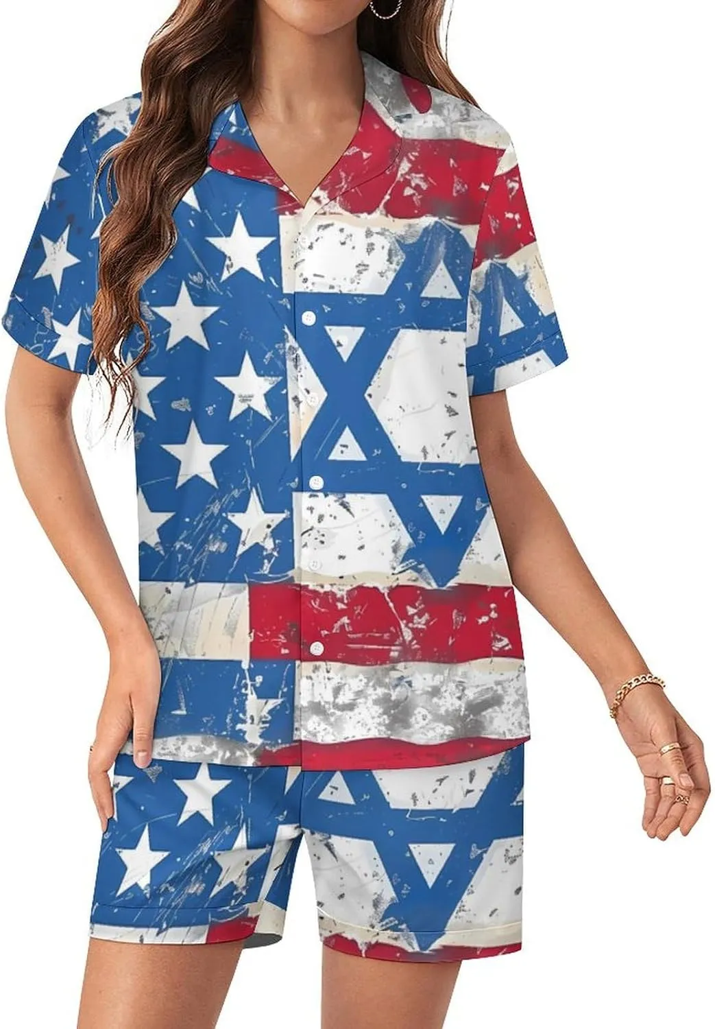 Vintage America Flag And Israel Flags Women's Satin Pajama Set Short Sleeve Button Down Sleepwear Loungewear Pj Set