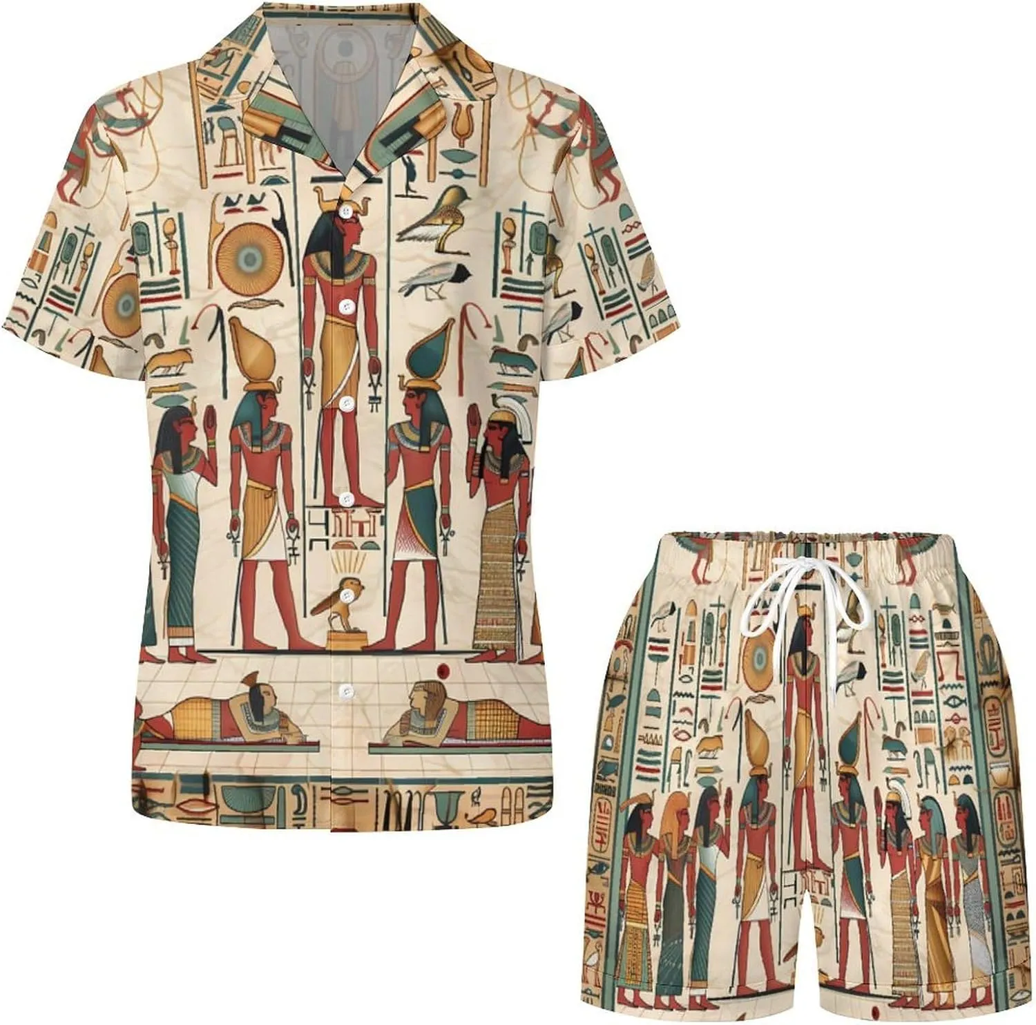 Vintage Ancient Egyptian Pharaoh Statue Women's Satin Pajama Set Short Sleeve Button Down Sleepwear Loungewear Pj Set