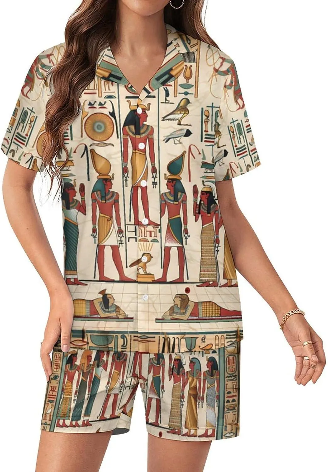 Vintage Ancient Egyptian Pharaoh Statue Women's Satin Pajama Set Short Sleeve Button Down Sleepwear Loungewear Pj Set
