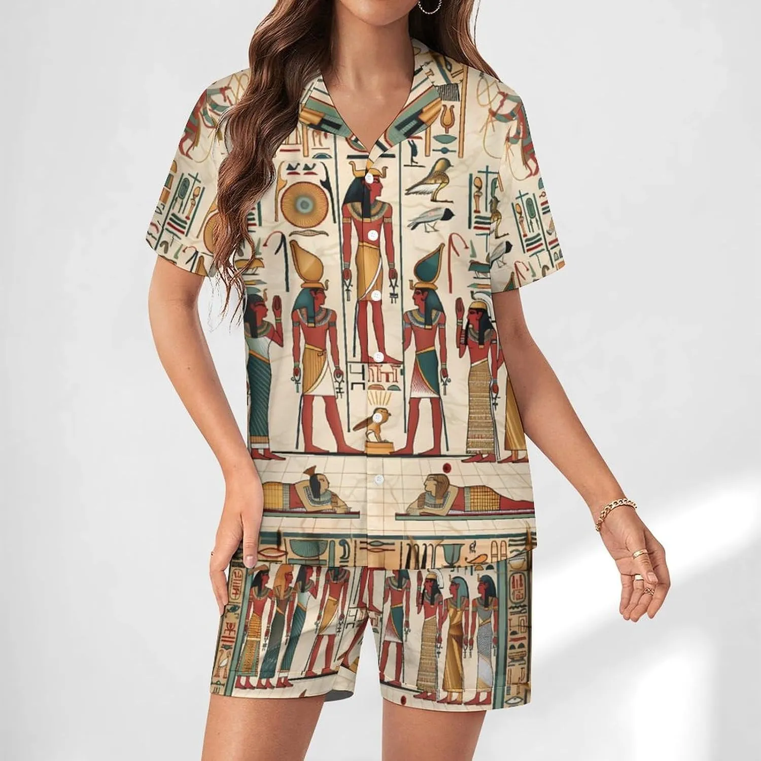 Vintage Ancient Egyptian Pharaoh Statue Women's Satin Pajama Set Short Sleeve Button Down Sleepwear Loungewear Pj Set