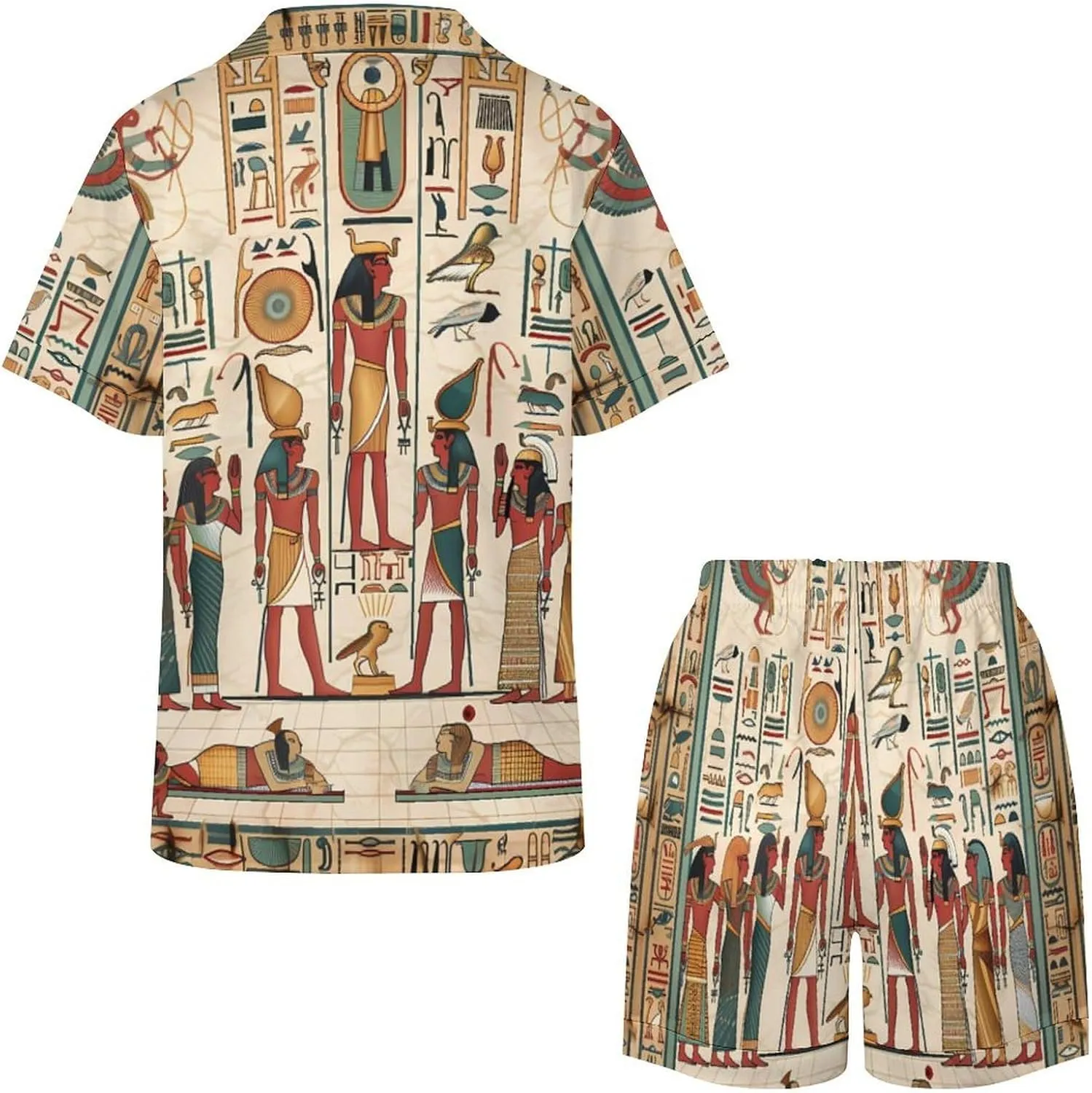 Vintage Ancient Egyptian Pharaoh Statue Women's Satin Pajama Set Short Sleeve Button Down Sleepwear Loungewear Pj Set