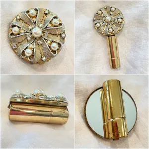 Vintage Gold Tone Lipstick/Mirror Compact, AB Rhinestones Faux Pearls, MCM Compact