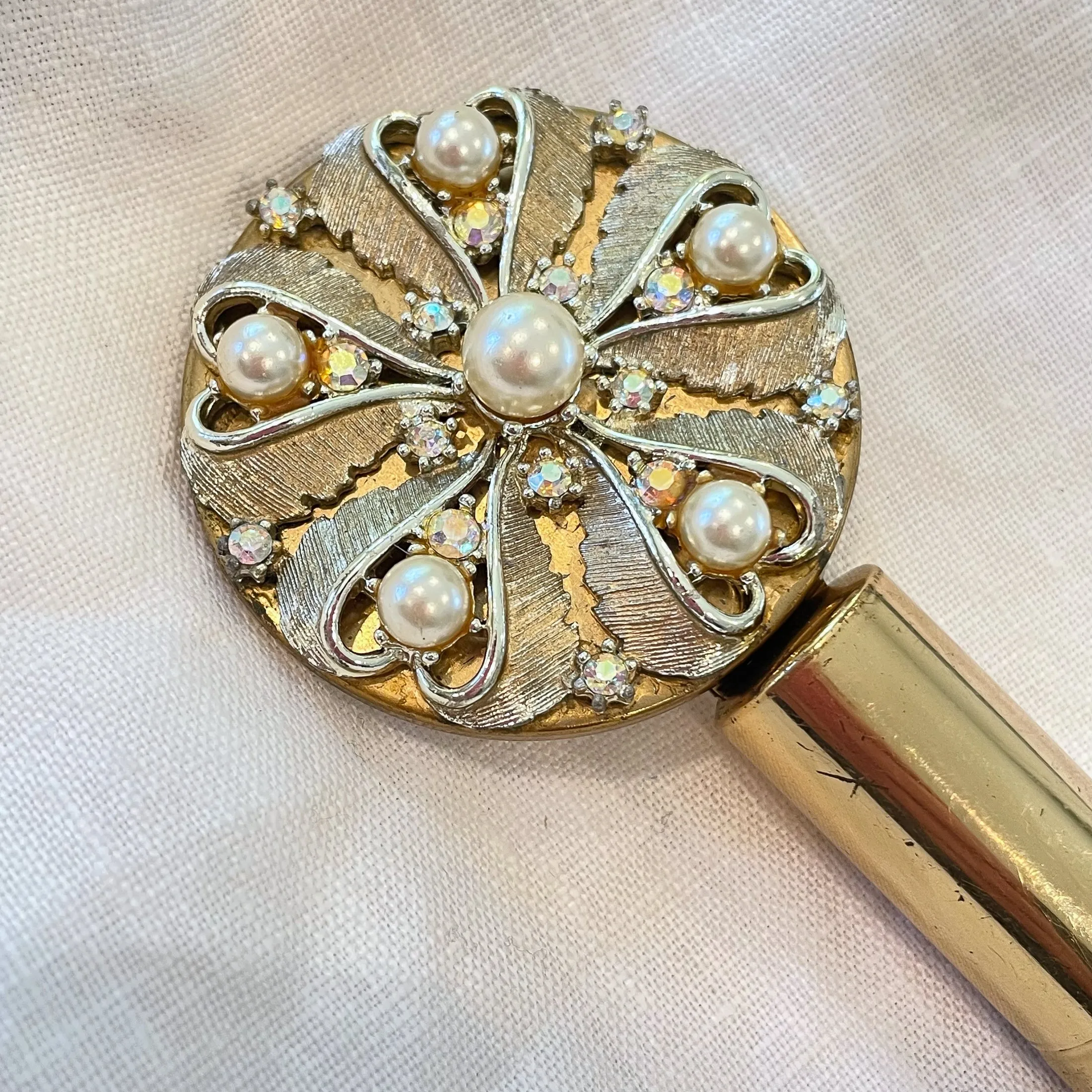 Vintage Gold Tone Lipstick/Mirror Compact, AB Rhinestones Faux Pearls, MCM Compact