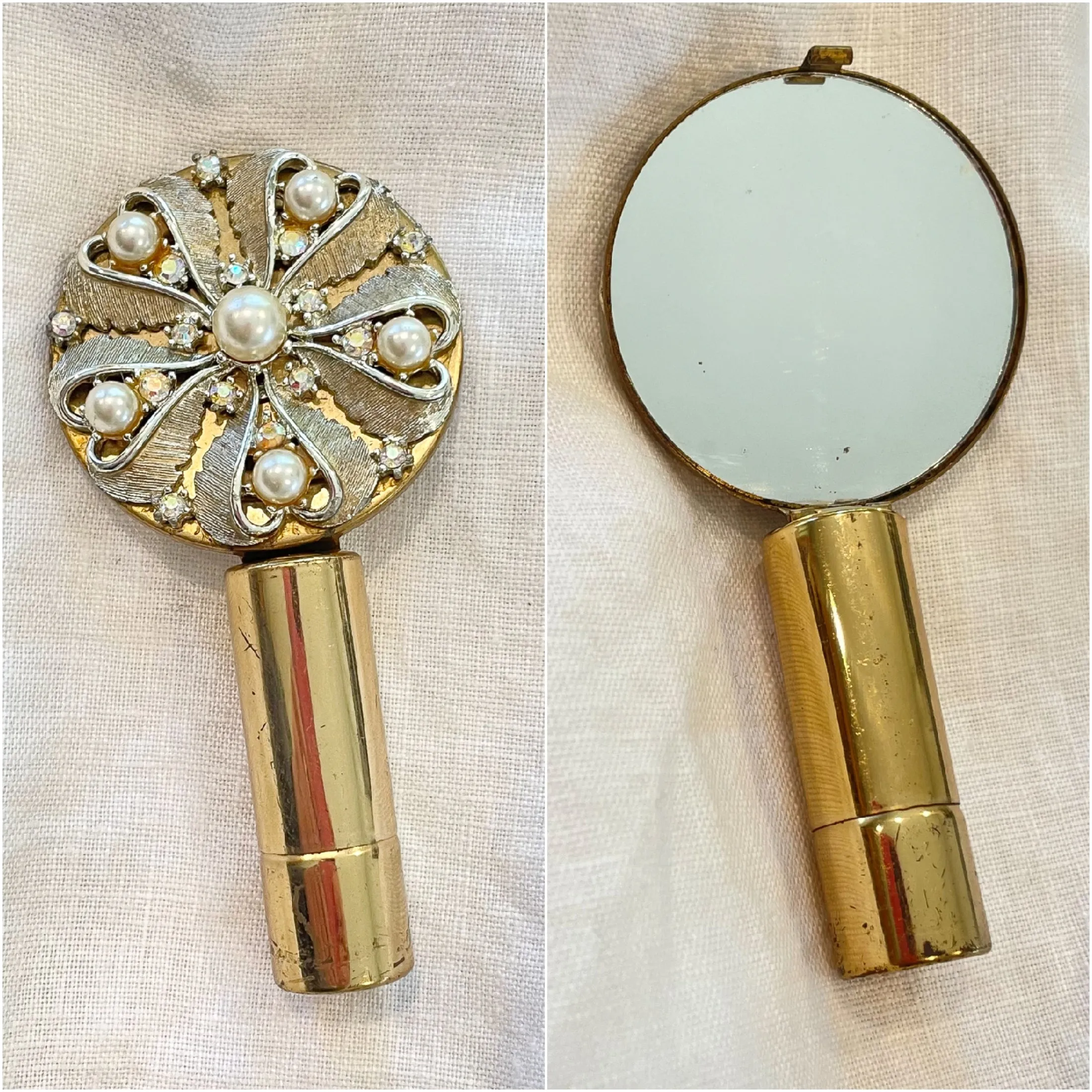 Vintage Gold Tone Lipstick/Mirror Compact, AB Rhinestones Faux Pearls, MCM Compact