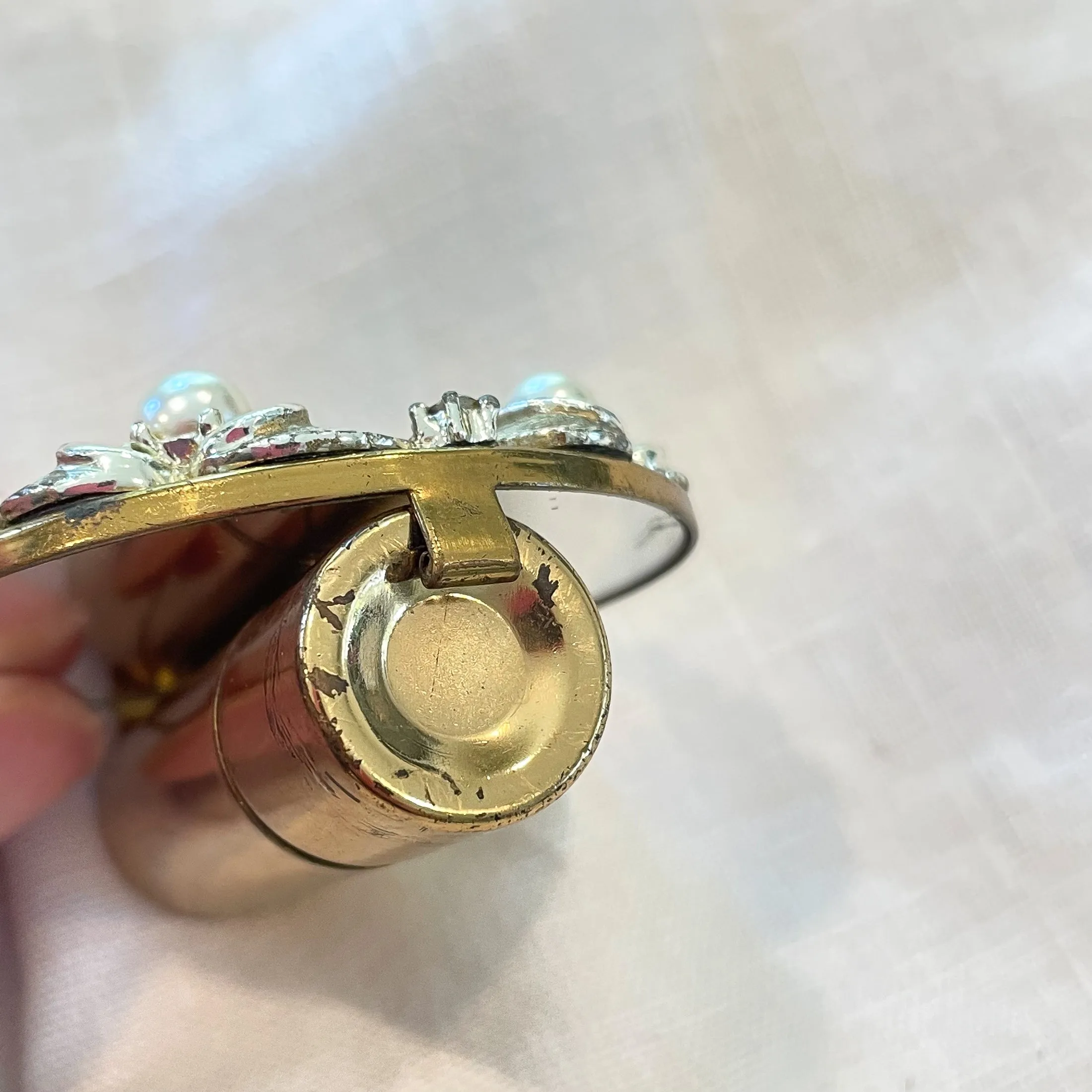 Vintage Gold Tone Lipstick/Mirror Compact, AB Rhinestones Faux Pearls, MCM Compact