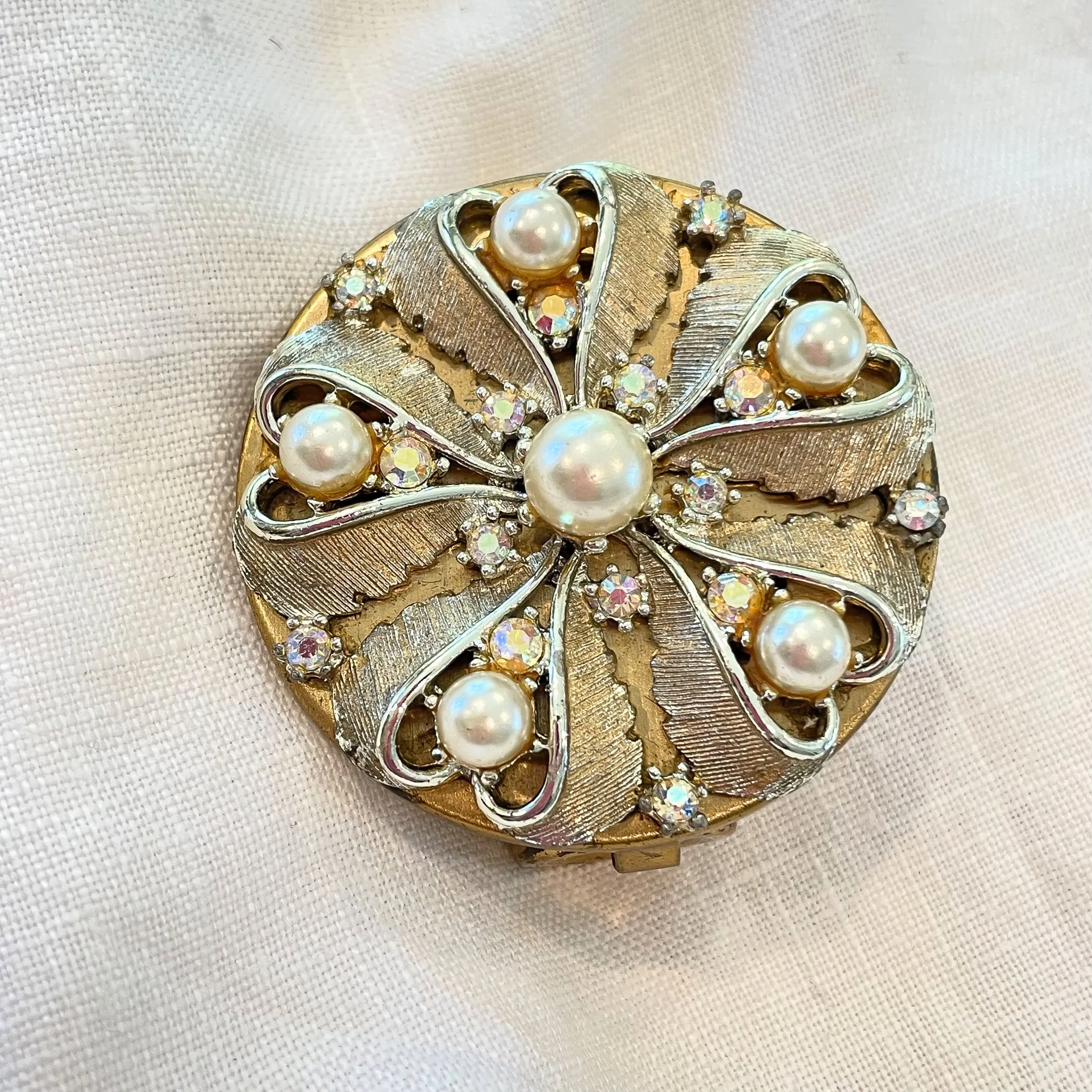 Vintage Gold Tone Lipstick/Mirror Compact, AB Rhinestones Faux Pearls, MCM Compact