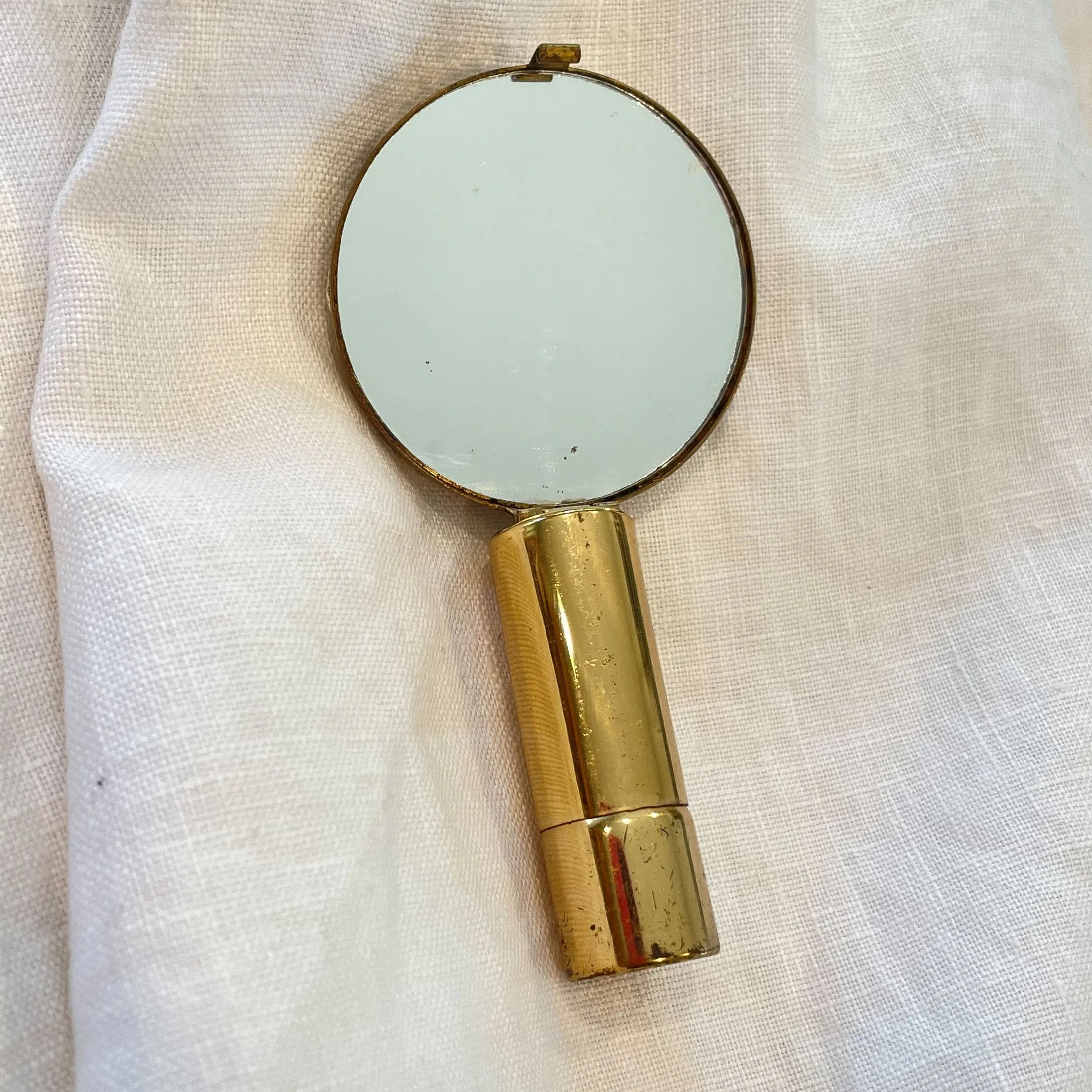 Vintage Gold Tone Lipstick/Mirror Compact, AB Rhinestones Faux Pearls, MCM Compact