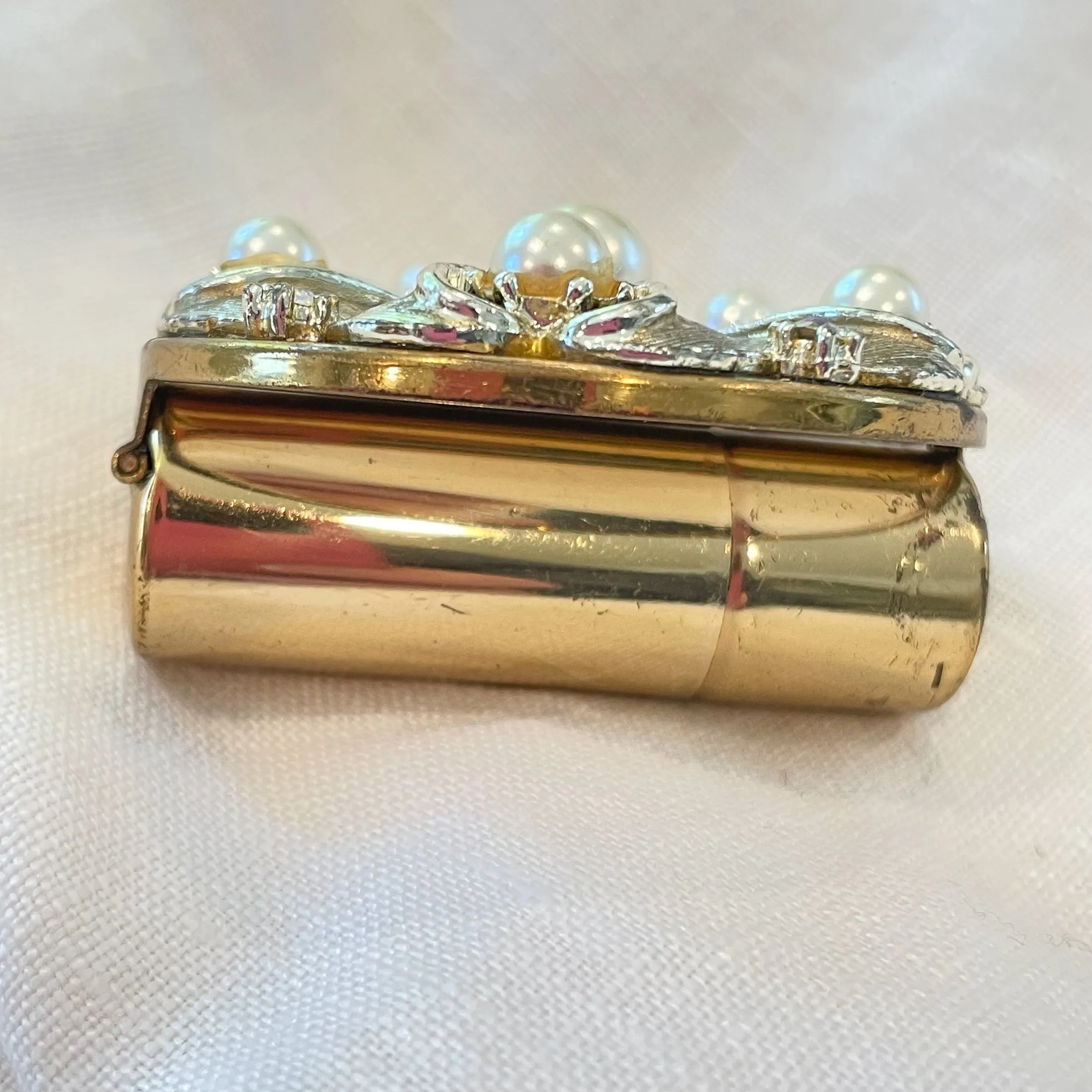 Vintage Gold Tone Lipstick/Mirror Compact, AB Rhinestones Faux Pearls, MCM Compact