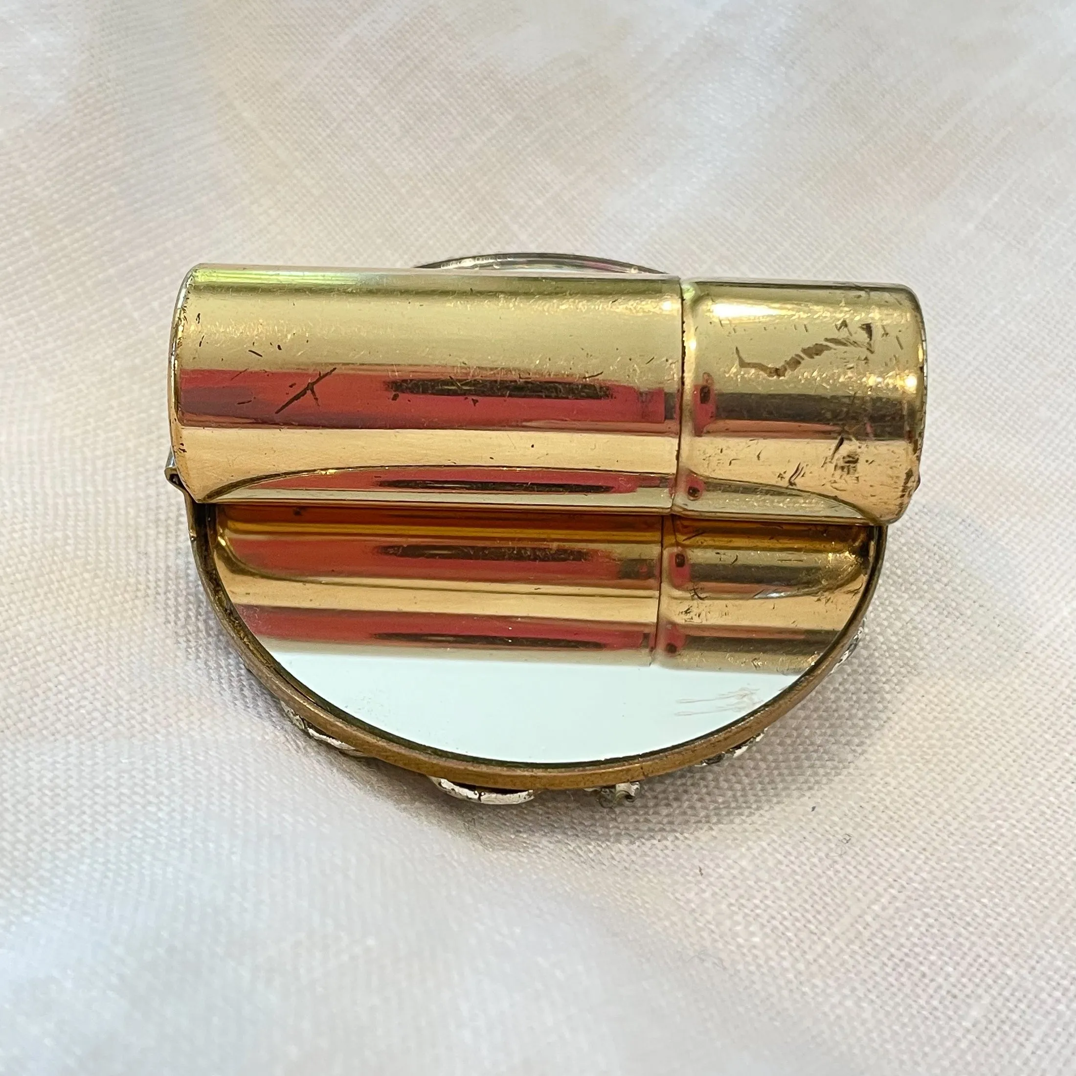 Vintage Gold Tone Lipstick/Mirror Compact, AB Rhinestones Faux Pearls, MCM Compact