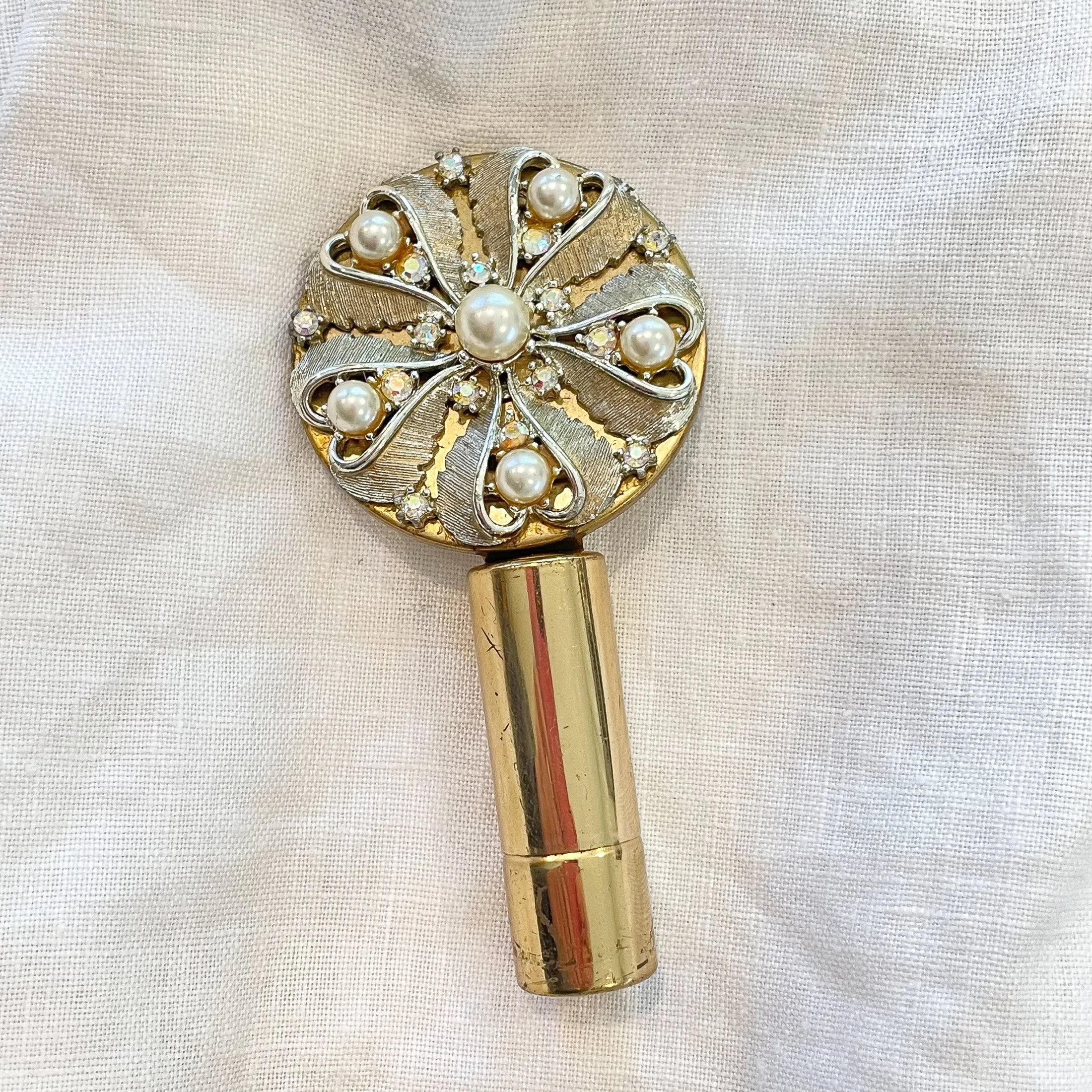 Vintage Gold Tone Lipstick/Mirror Compact, AB Rhinestones Faux Pearls, MCM Compact