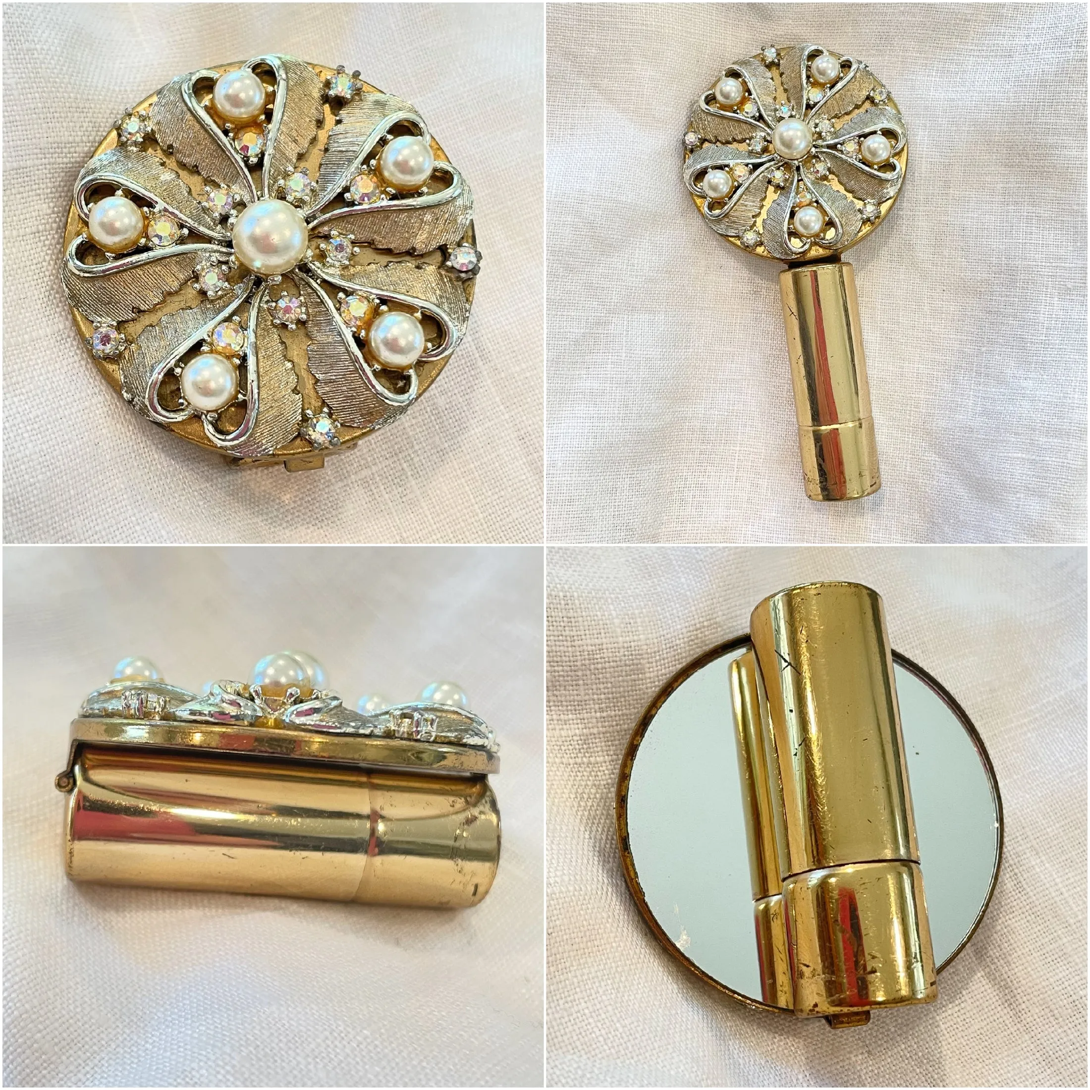 Vintage Gold Tone Lipstick/Mirror Compact, AB Rhinestones Faux Pearls, MCM Compact