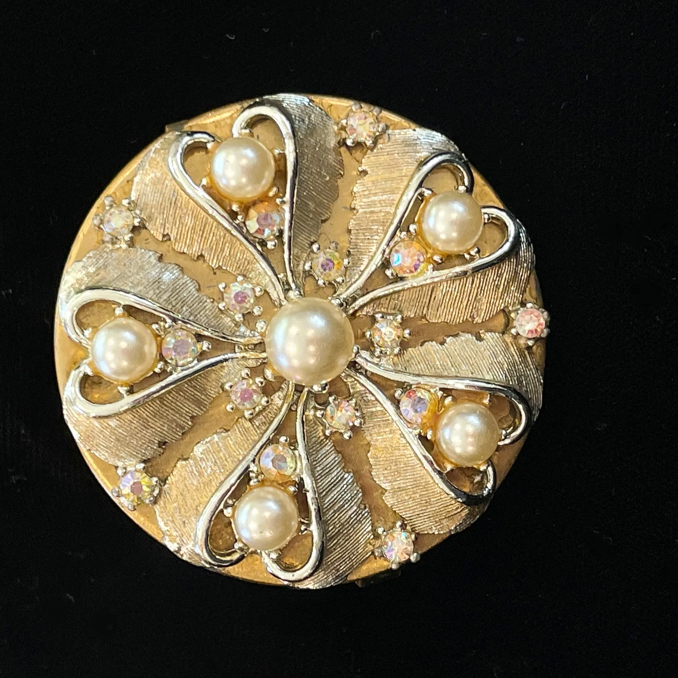 Vintage Gold Tone Lipstick/Mirror Compact, AB Rhinestones Faux Pearls, MCM Compact