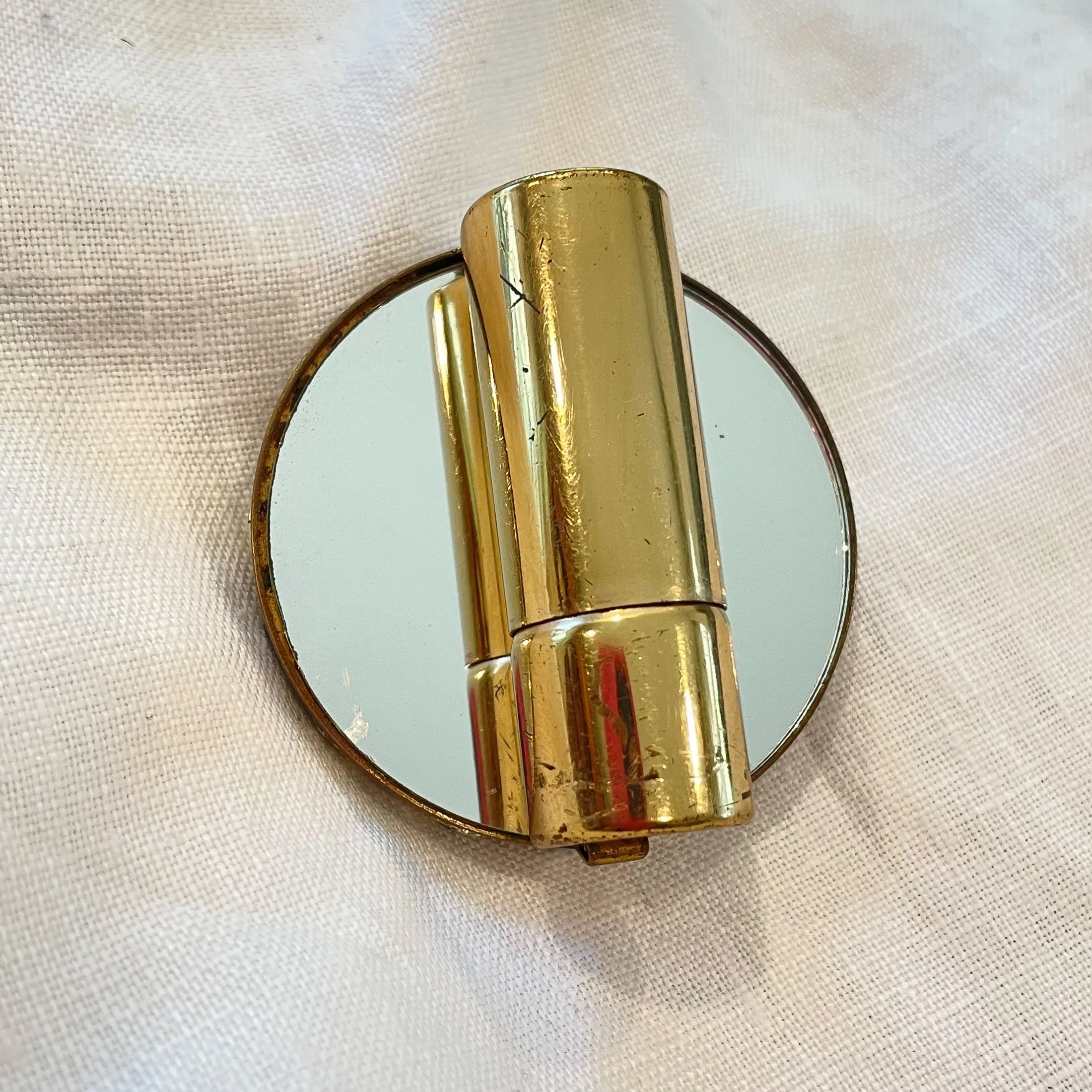 Vintage Gold Tone Lipstick/Mirror Compact, AB Rhinestones Faux Pearls, MCM Compact