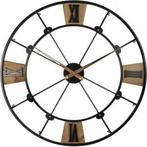 Vintage Metal Clock Round Wall Clock, Battery Operated, Suitable for Fireplace Decoration, 24 Inch(Black Wood)