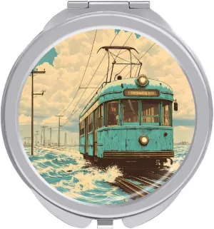 Vintage Old Japanese Train On Water Travel Makeup Mirror 2-Sided 1x 2X Magnification Portable Mini Mirror for Handbag Purse Pocket