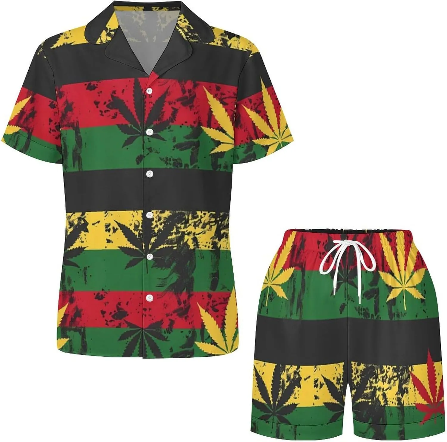 Vintage Rasta Flag Weed Women's Satin Pajama Set Short Sleeve Button Down Sleepwear Loungewear Pj Set