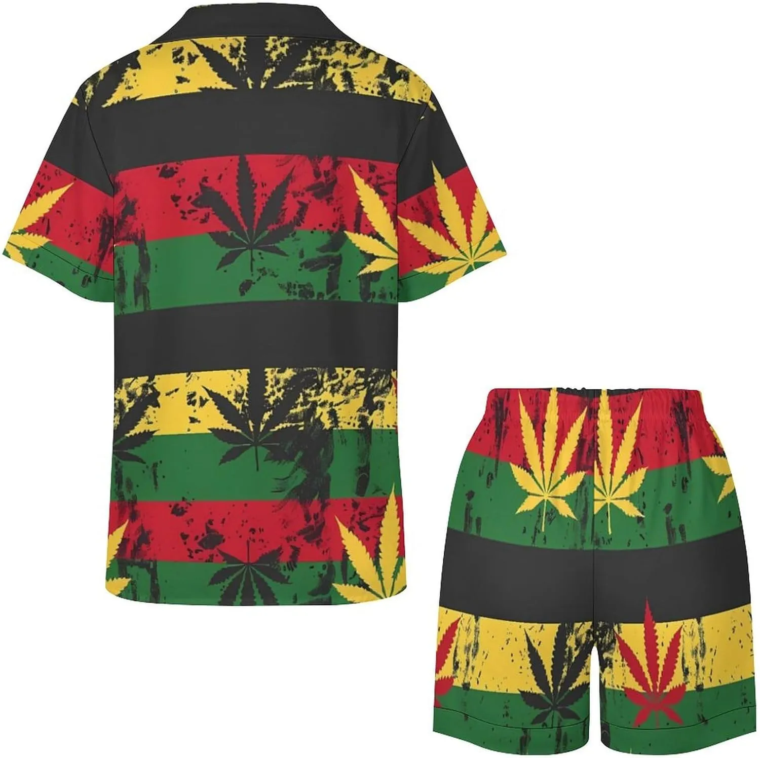 Vintage Rasta Flag Weed Women's Satin Pajama Set Short Sleeve Button Down Sleepwear Loungewear Pj Set