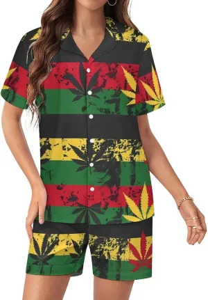 Vintage Rasta Flag Weed Women's Satin Pajama Set Short Sleeve Button Down Sleepwear Loungewear Pj Set