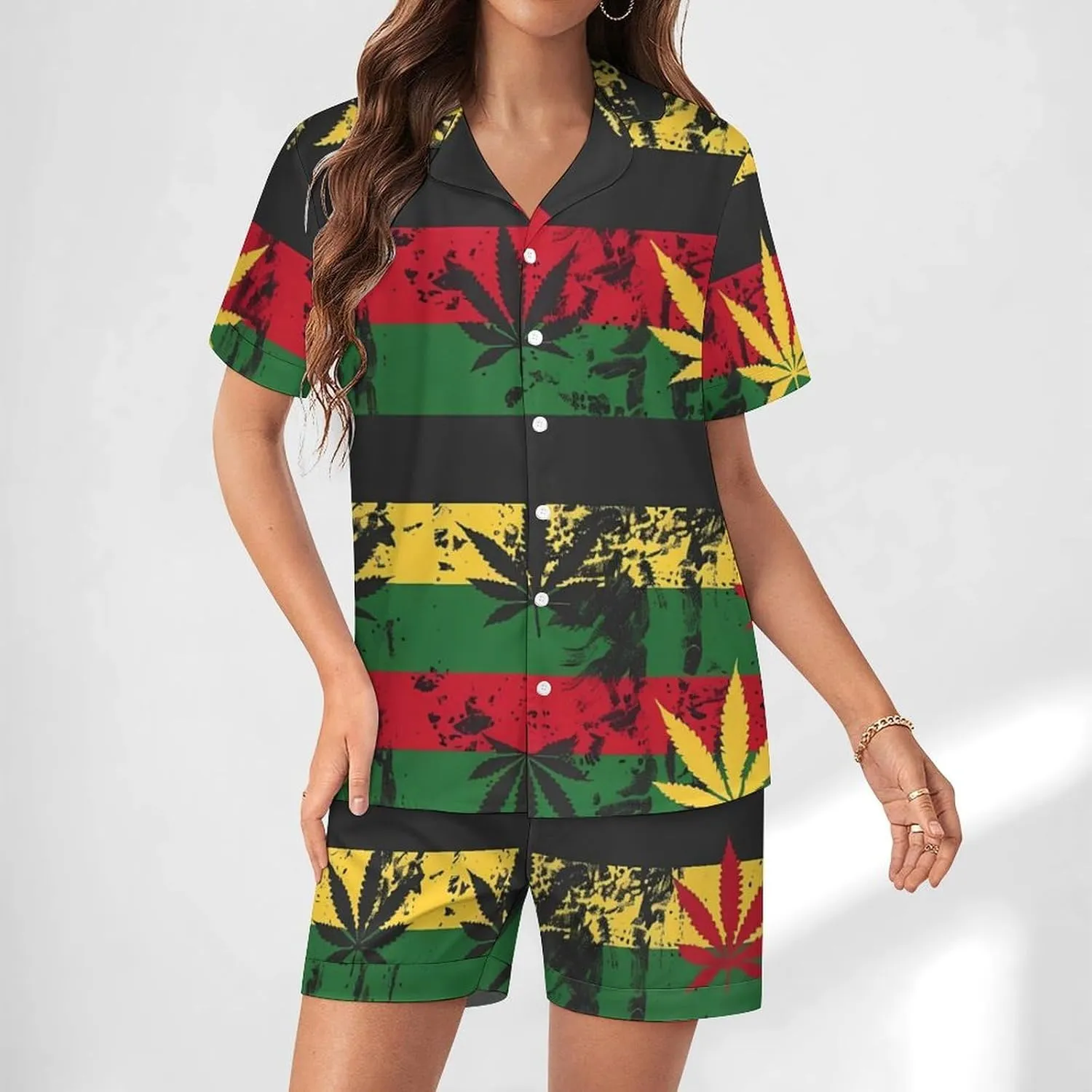 Vintage Rasta Flag Weed Women's Satin Pajama Set Short Sleeve Button Down Sleepwear Loungewear Pj Set
