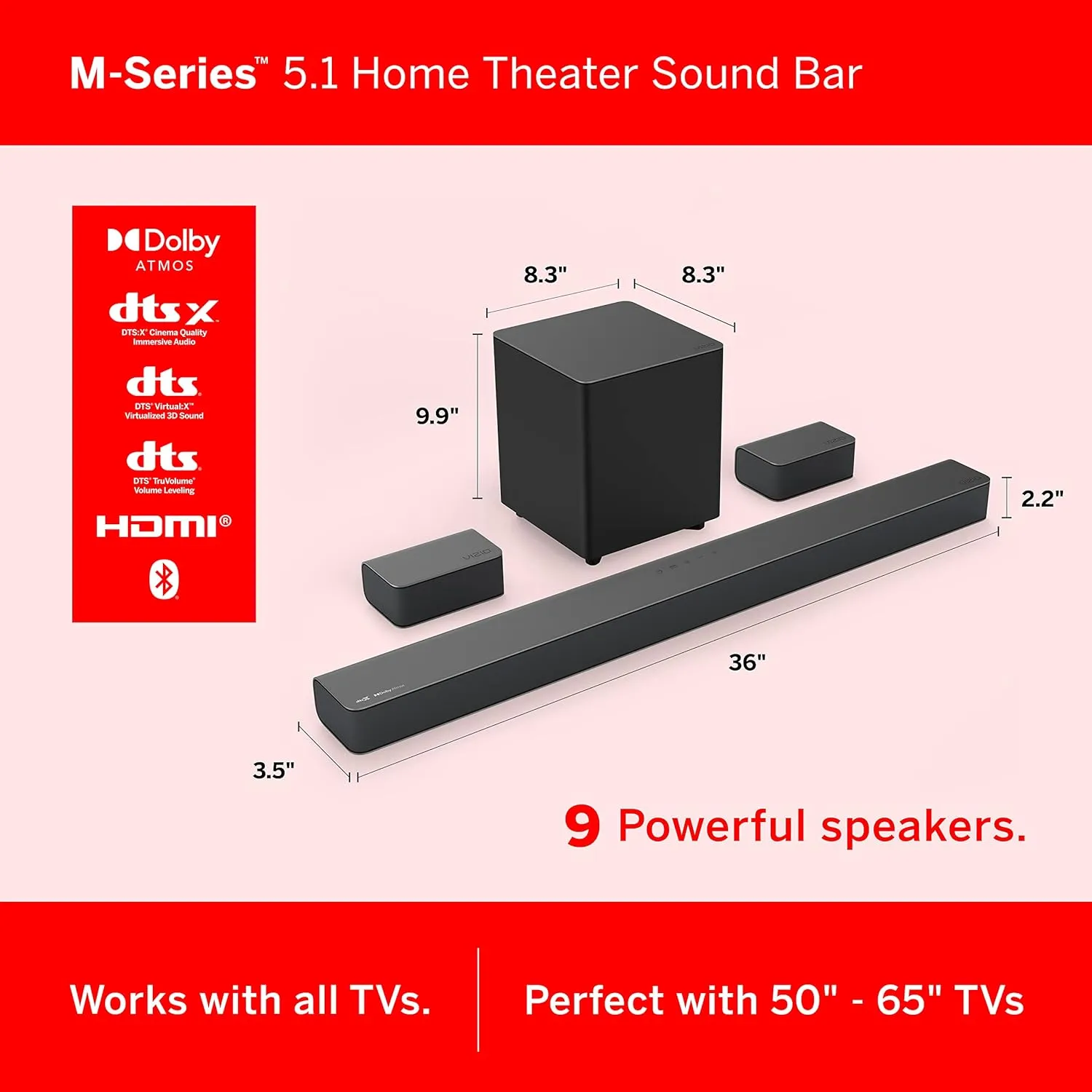 VIZIO M-Series 5.1 Premium Sound Bar with Dolby Atmos, DTS:X, Bluetooth, Wireless Subwoofer and Alexa Compatibility, M51ax-J6, 2022 Model