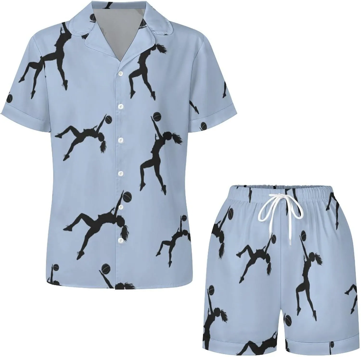 Volleyball Girl Silhouette Spike Attack Women's Satin Pajama Set Short Sleeve Button Down Sleepwear Loungewear Pj Set
