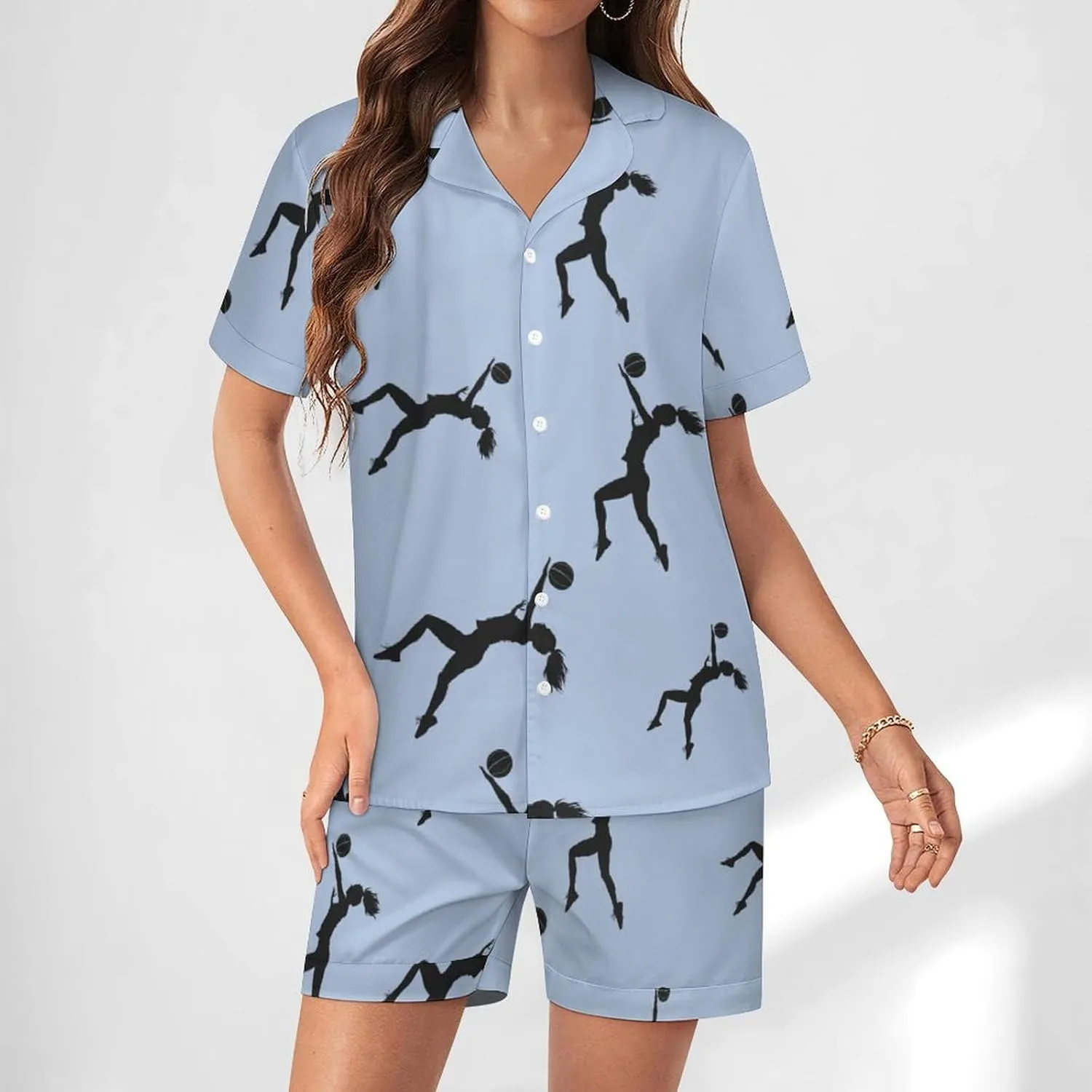 Volleyball Girl Silhouette Spike Attack Women's Satin Pajama Set Short Sleeve Button Down Sleepwear Loungewear Pj Set