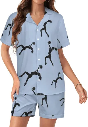 Volleyball Girl Silhouette Spike Attack Women's Satin Pajama Set Short Sleeve Button Down Sleepwear Loungewear Pj Set
