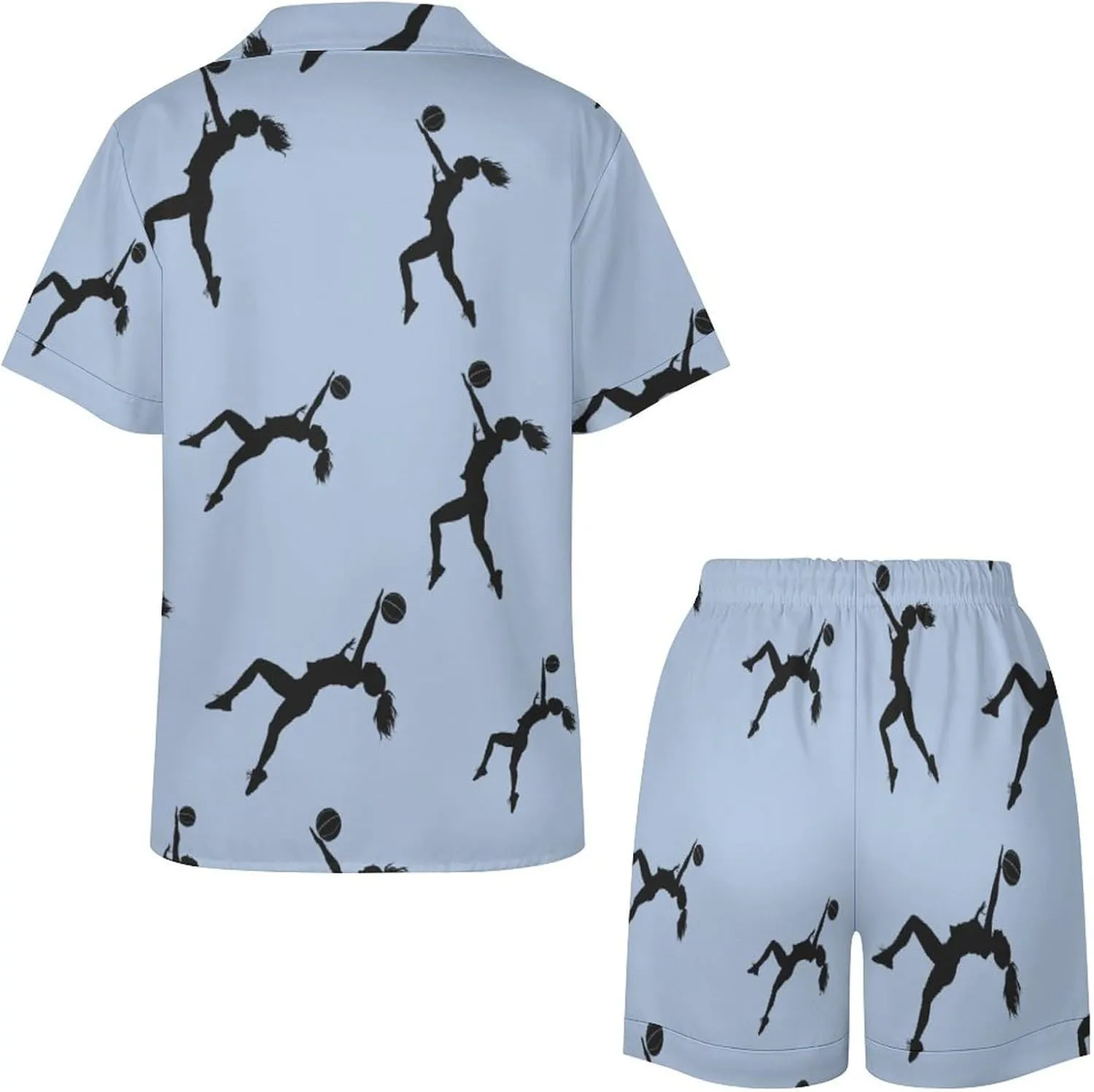 Volleyball Girl Silhouette Spike Attack Women's Satin Pajama Set Short Sleeve Button Down Sleepwear Loungewear Pj Set