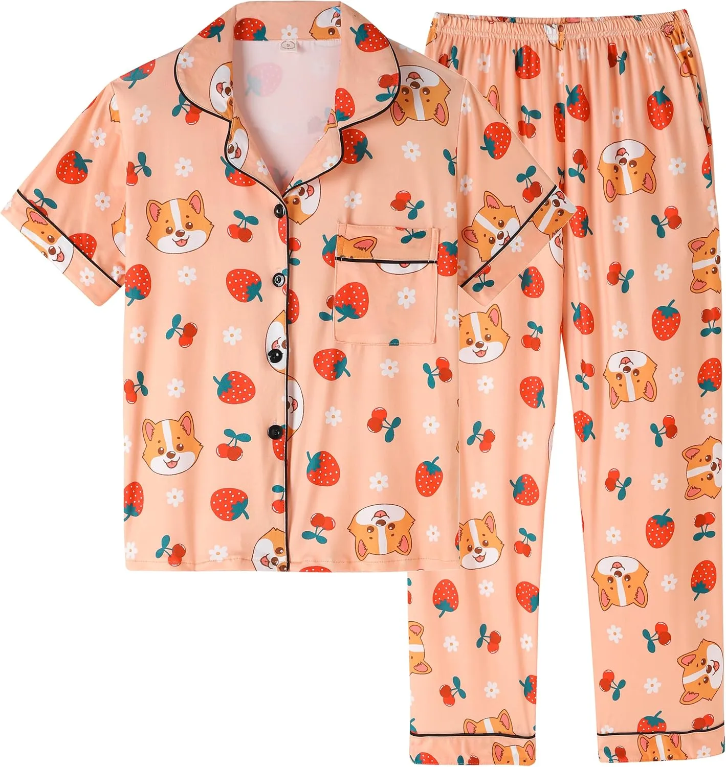Vopmocld Girls 2PCS Pajama Sets Button Down Short Sleeve Long Pants Sleepwear Cute Patterns Lounge Outfit Sest for Teens