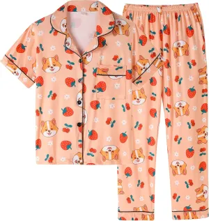 Vopmocld Girls 2PCS Pajama Sets Button Down Short Sleeve Long Pants Sleepwear Cute Patterns Lounge Outfit Sest for Teens