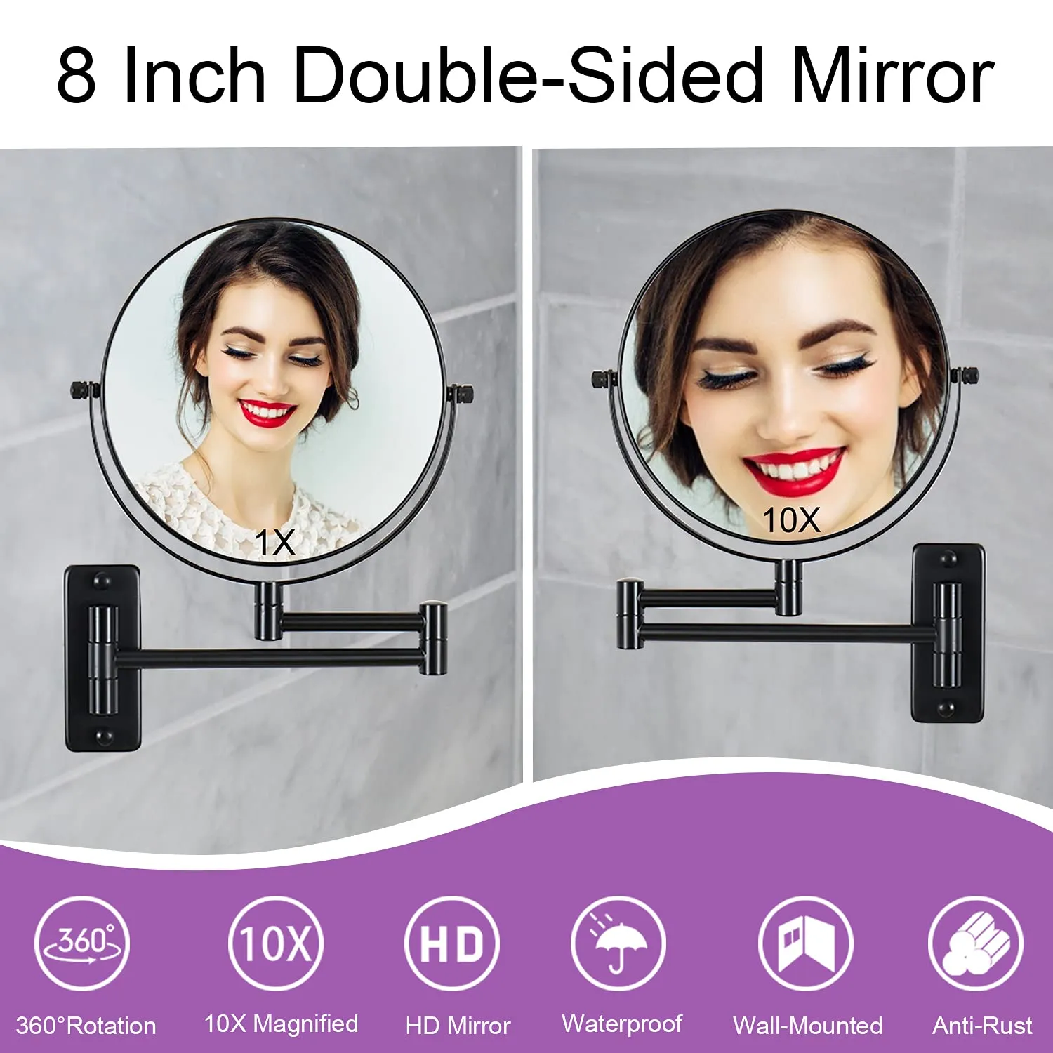Wall Mounted Magnifying Makeup Mirror with 1X 10X Magnification and Extendable Arm, 8 Inch Double Sided Vanity Mirror for Bathroom, Wall Mirror for Teen Girls, Women, Matte Black