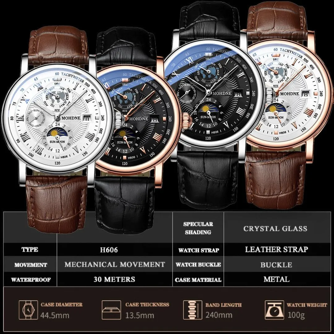 Watch Men's Mechanical Watch Fully Automatic Tourbillon Week Calendar Window Waterproof Watch Trendy Men's Multi Functional Moon Phase Display Star Earth Watch