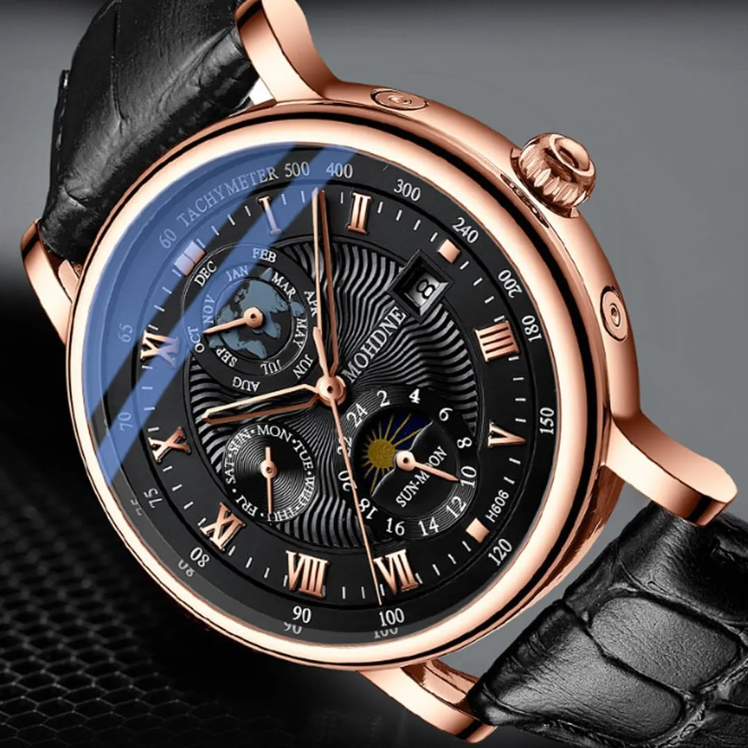 Watch Men's Mechanical Watch Fully Automatic Tourbillon Week Calendar Window Waterproof Watch Trendy Men's Multi Functional Moon Phase Display Star Earth Watch