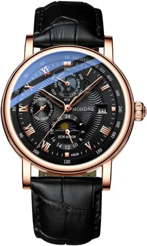 Watch Men's Mechanical Watch Fully Automatic Tourbillon Week Calendar Window Waterproof Watch Trendy Men's Multi Functional Moon Phase Display Star Earth Watch