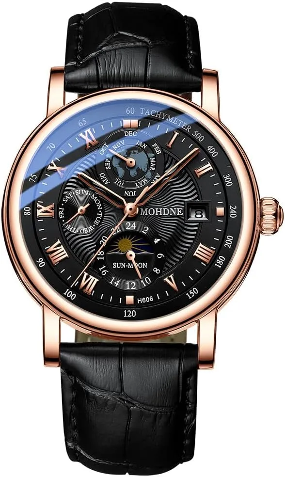 Watch Men's Mechanical Watch Fully Automatic Tourbillon Week Calendar Window Waterproof Watch Trendy Men's Multi Functional Moon Phase Display Star Earth Watch
