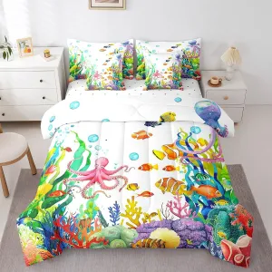 Watercolor Fish Bed in a Bag Queen Comforter Set 7 Piece,Octopus Tentacles Nautical Coastal Bedding Set Rainbow Coral Ocean Sheet Sets with Comforter Sea Animal Bed Set,Green Seaweed Room Decor