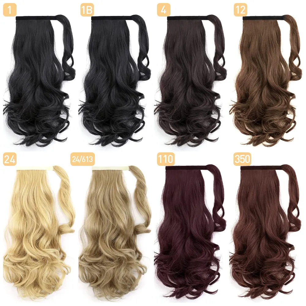 Wavy Ponytail Extension Wrap Around 16" Curly Synthetic Fake Pony Tail Wigs Extensions for Adults Women Girls Party Daily Use Heat Resistant Fluffy Clip in Hair Pieces 5 Oz Darkest Brown