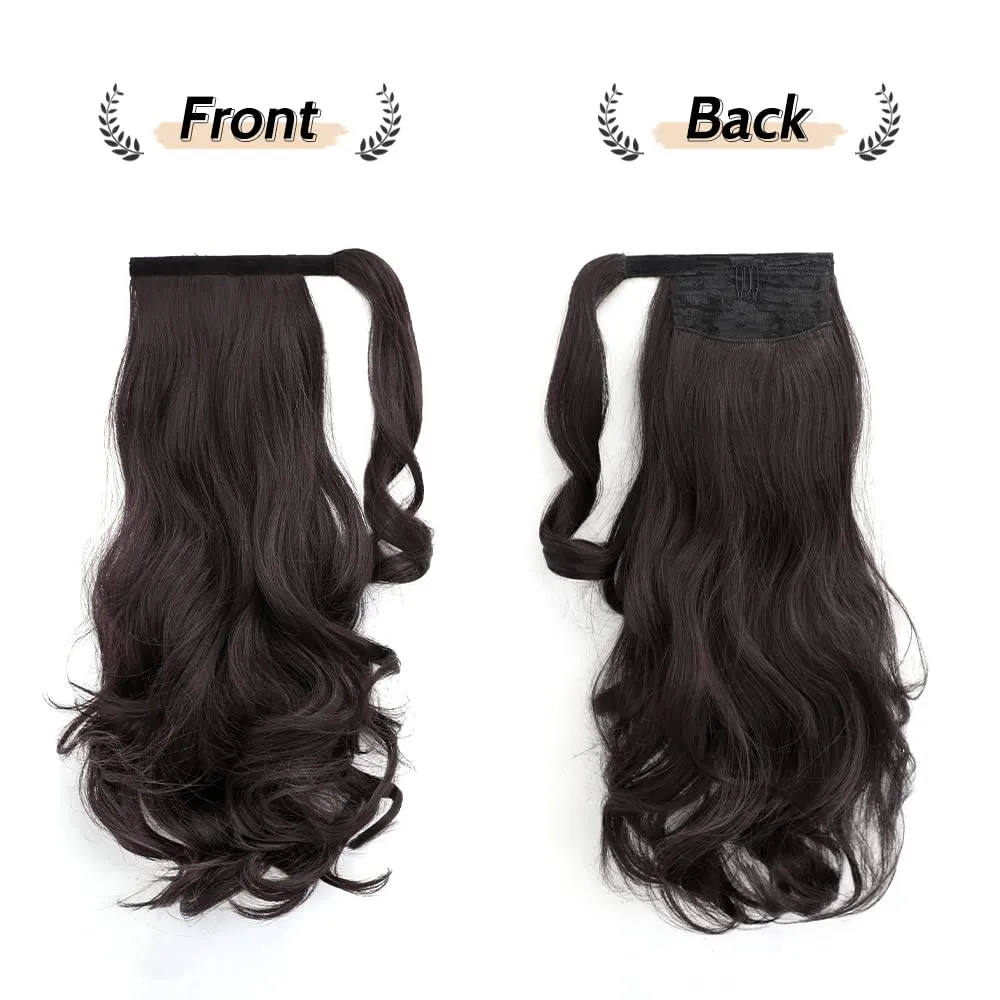 Wavy Ponytail Extension Wrap Around 16" Curly Synthetic Fake Pony Tail Wigs Extensions for Adults Women Girls Party Daily Use Heat Resistant Fluffy Clip in Hair Pieces 5 Oz Darkest Brown