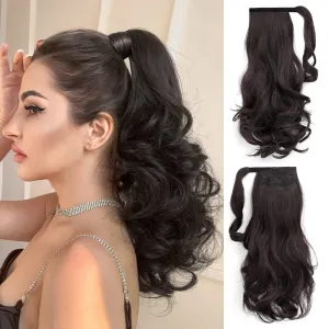 Wavy Ponytail Extension Wrap Around 16" Curly Synthetic Fake Pony Tail Wigs Extensions for Adults Women Girls Party Daily Use Heat Resistant Fluffy Clip in Hair Pieces 5 Oz Darkest Brown
